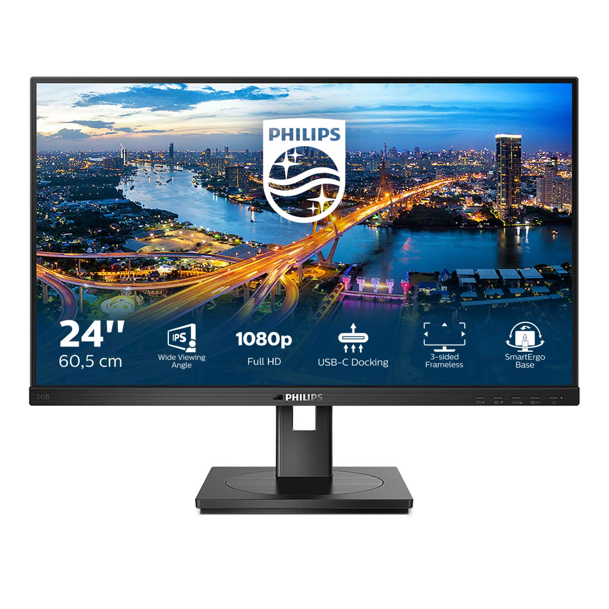 PHILIPS 243B1 24 Inch FHD USB-C Docking Monitor - Adjustable Height (1920x1080, 75Hz, HDMI, DisplayPort, USB-C, RJ45, USB Hub) Black - Perfect for Home Office & Gaming Setup