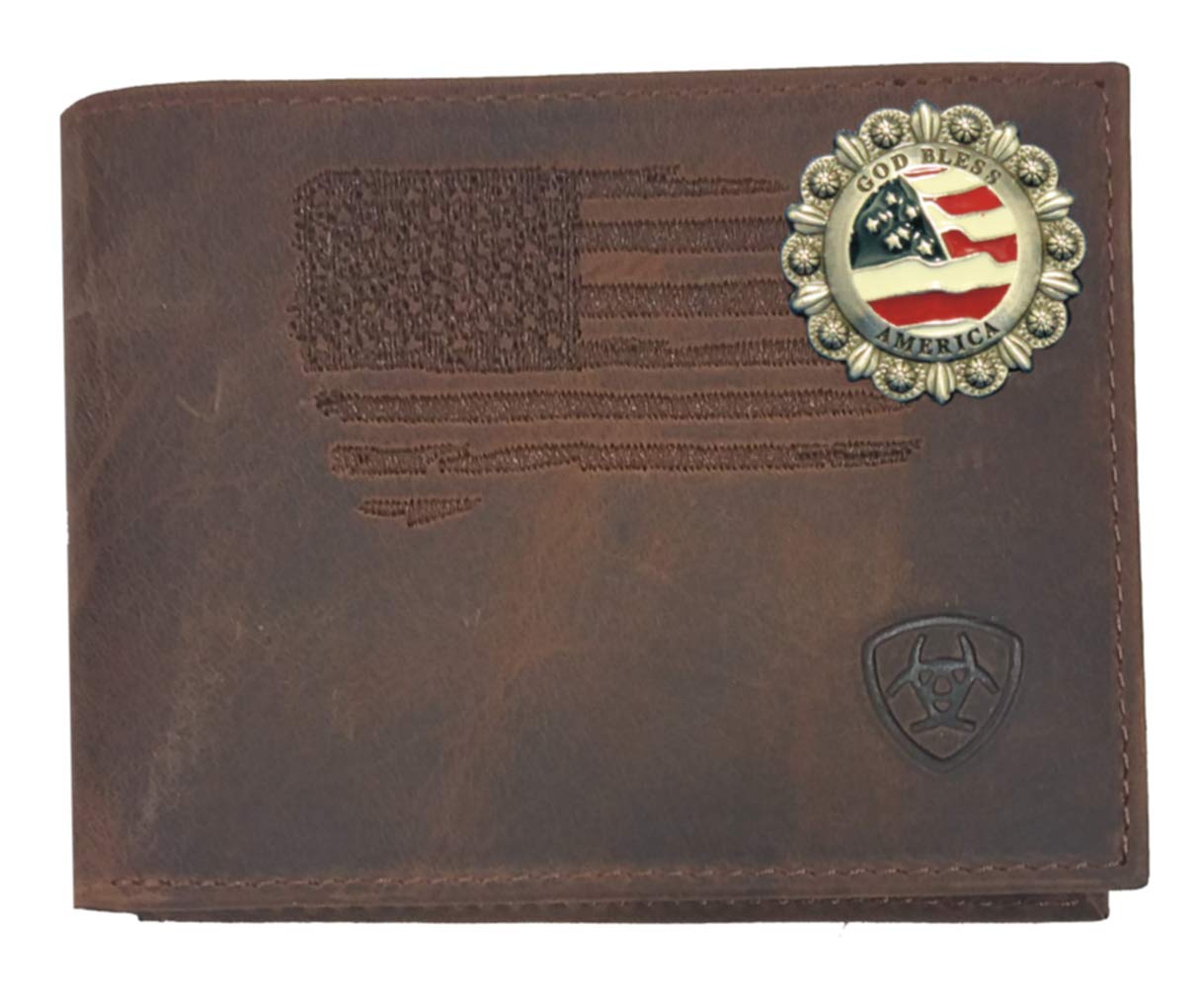 Custom God Bless America ARIAT Faded Flag Bifold Leather Wallet for Men - Patriotic RFID Blocking Genuine Cowhide Billfold for Everyday Use & Travel