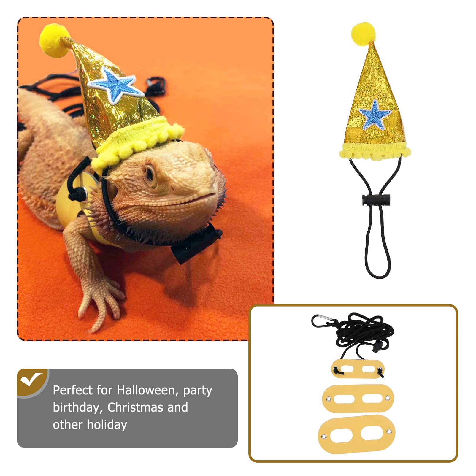TEHAUX 1 Set Climbing Pet Hat & Rope Leash for Bearded Dragons - Halloween Costume Accessories, Reptile Supplies, Party Decorations - Perfect for Cosplay, Roleplay, and Santa Hat Outfits