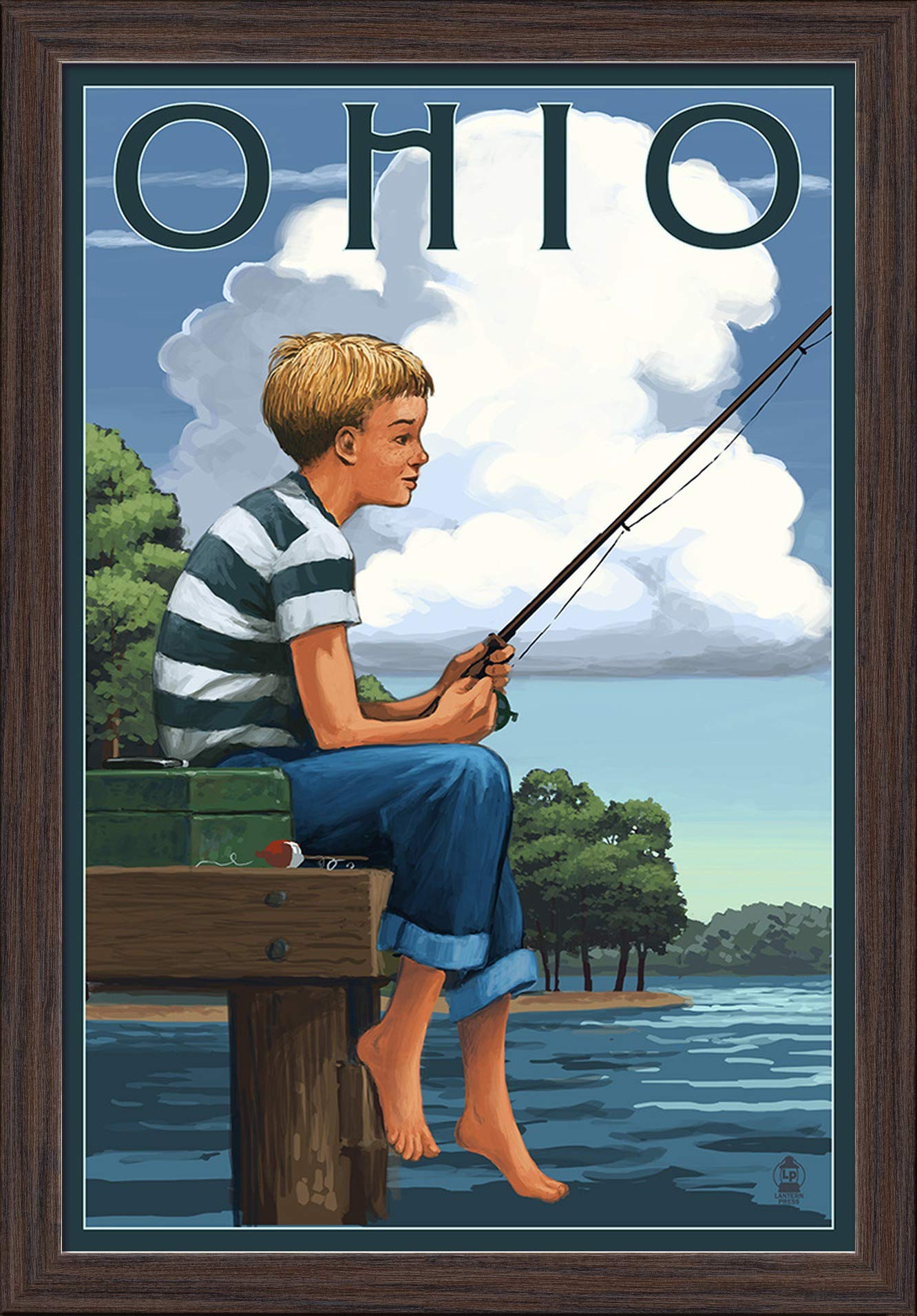 16x24 Ohio Boy Fishing Giclee Fine Art Print - Recycled Wood Frame in Espresso Brown - Perfect for Home, Office & Cabin Decor