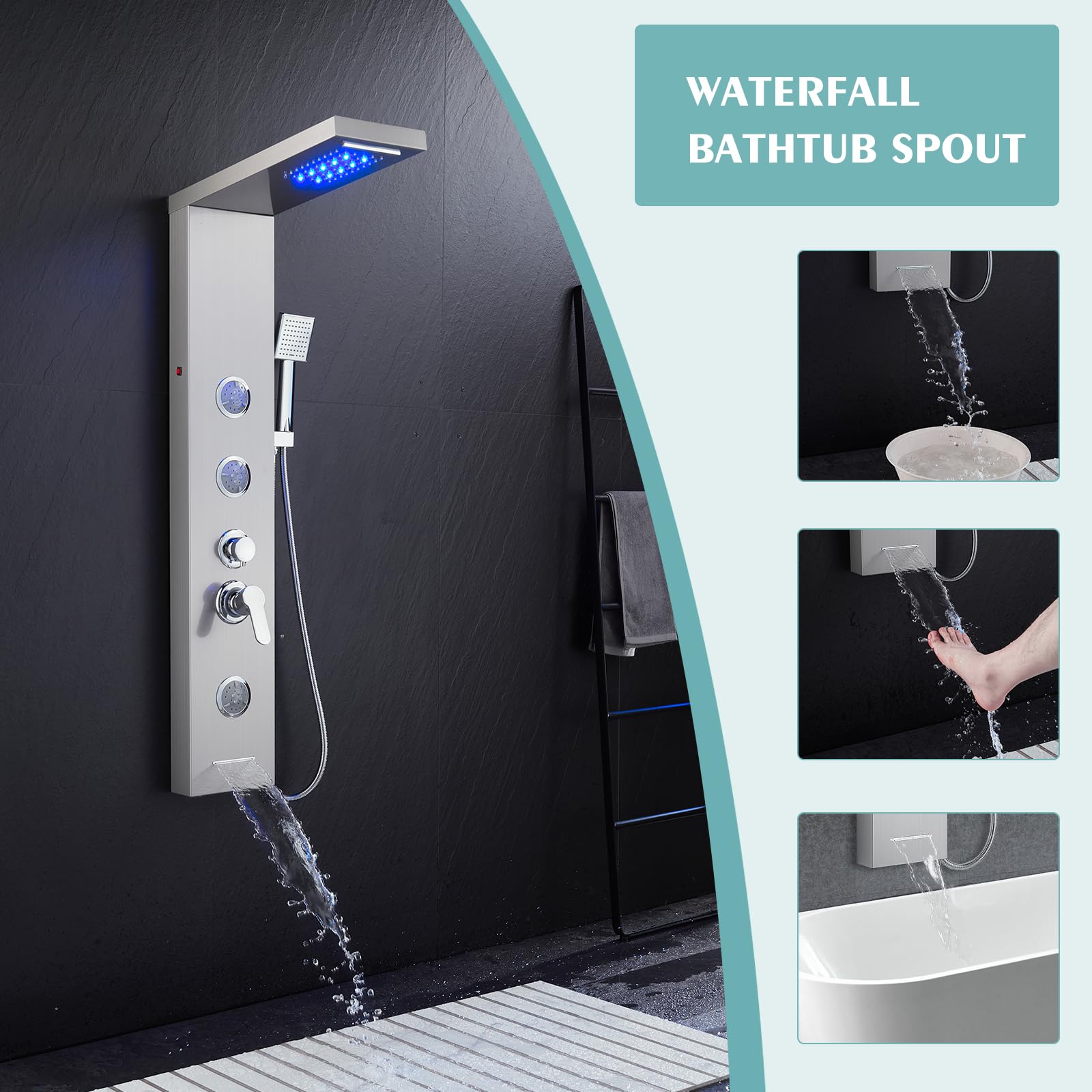 6 in 1 LED Rainfall Shower Panel Tower System with Waterfall Shower Head, 2 Mode Body Jets, Handheld Shower & Tub Spout - Stainless Steel Shower Column with Brushed Finish for Luxurious Bathroom Upgrade & Spa Experience at Home