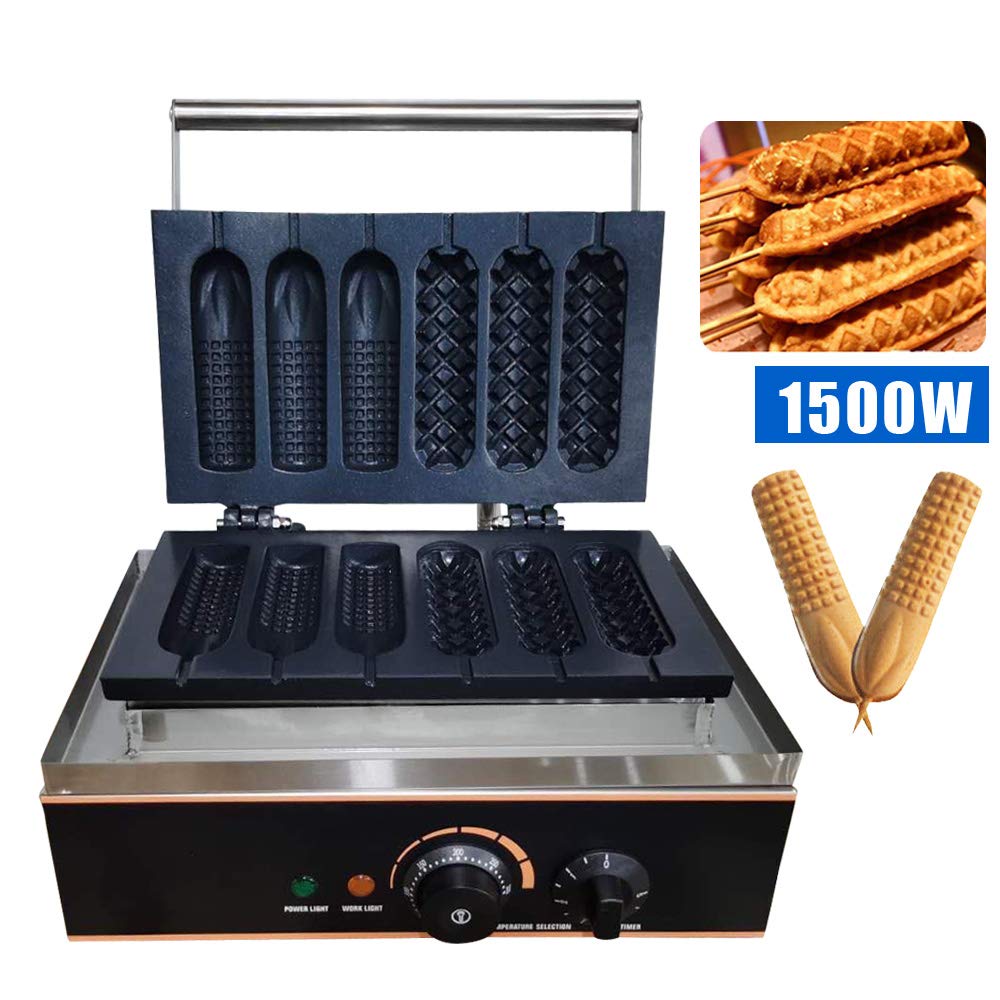 Commercial Electric Waffle Maker Machine - 6PCS Nonstick Plates for Crispy Waffles, Paninis & Hash Browns - 1500W Stainless Steel Hot Dog & Sausage Maker - 110V Household Waffle Cone Baker (Perfect for Restaurants, Cafes & Home Breakfast)