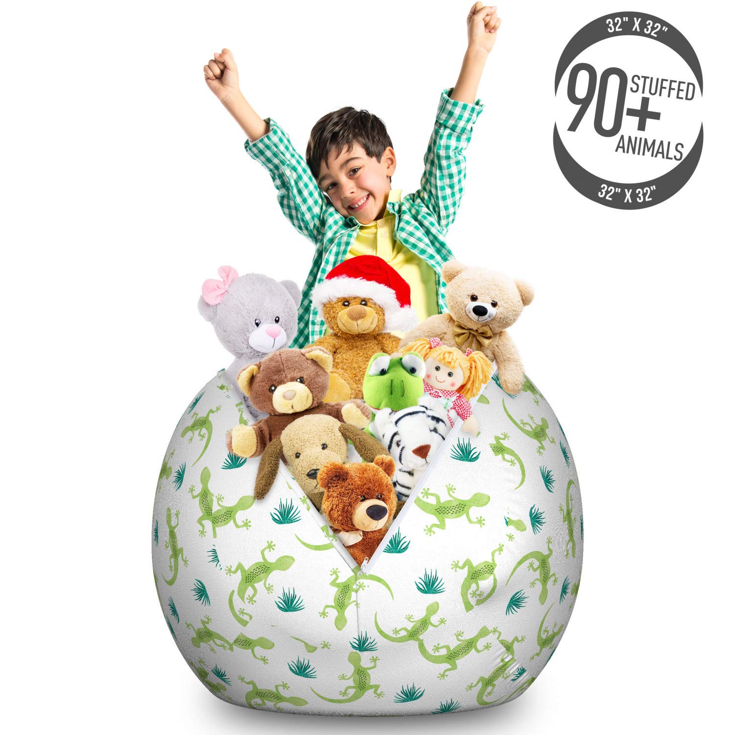 Ambesonne Lizard Storage Toy Bag Chair - Large Washable Stuffed Animal Organizer in Avocado Green Teal | Crawling Reptiles & Desert Creature Design | Perfect for Kids' Room, Playroom & Dorm Organization