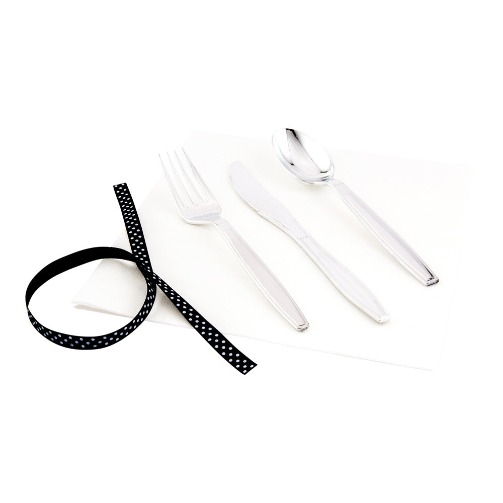 Argento Silver Plastic Cutlery Set with White Napkin & Polka Dot Ribbon - 100 Count Box (7.25