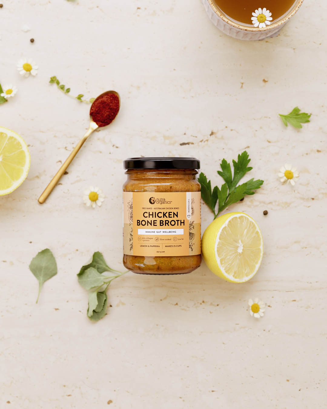 Organic Chicken Bone Broth Concentrate with Lemon & Paprika - Keto, Paleo Friendly Liquid Protein Supplement for Soups, Cooking & Immune Support