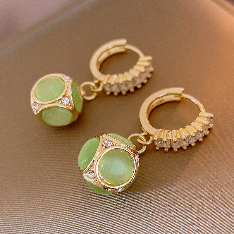 Vintage Cat Eye Stone Ball Hoop Earrings for Women - Elegant Gold/Silver Dangle Earrings | Perfect for Parties, Weddings & Everyday Wear | A7573