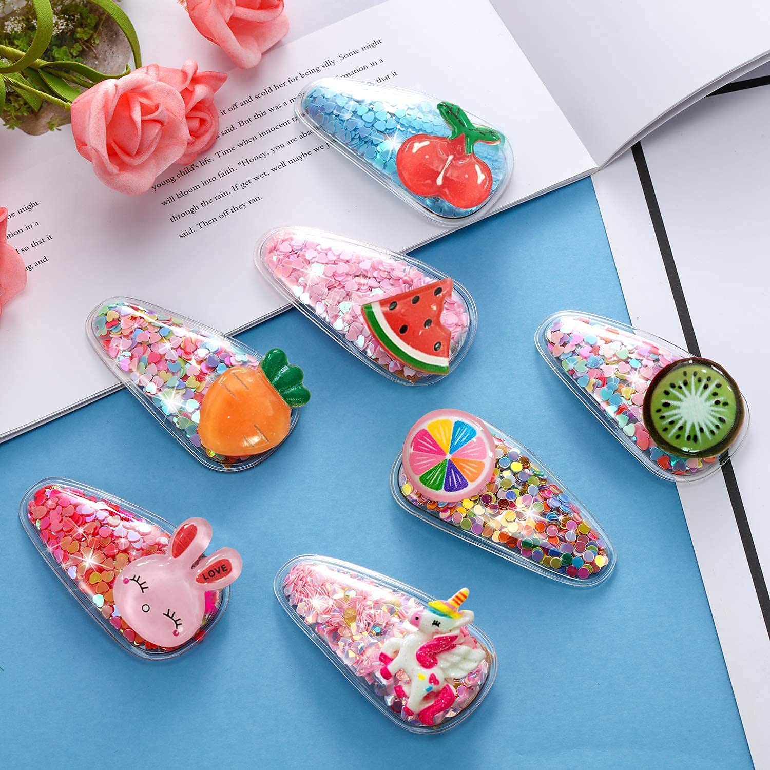 NAKAS 10PCS Sequins Snap Hair Clips for Girls - Non Slip Barrettes for Baby Girls, Toddlers & Teens - Transparent Shiny Fruit Cartoon Animal Hairpins - Elegant Glitter Hair Accessories for School, Party & Daily Use