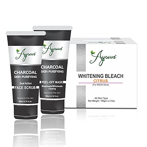 Aysun Charcoal Face Scrub & Peel Off Mask with Citrus Whitening Bleach - 3 Piece Combo Pack for Deep Cleansing & Brightening Skin | Perfect for Acne Treatment & Blackhead Removal