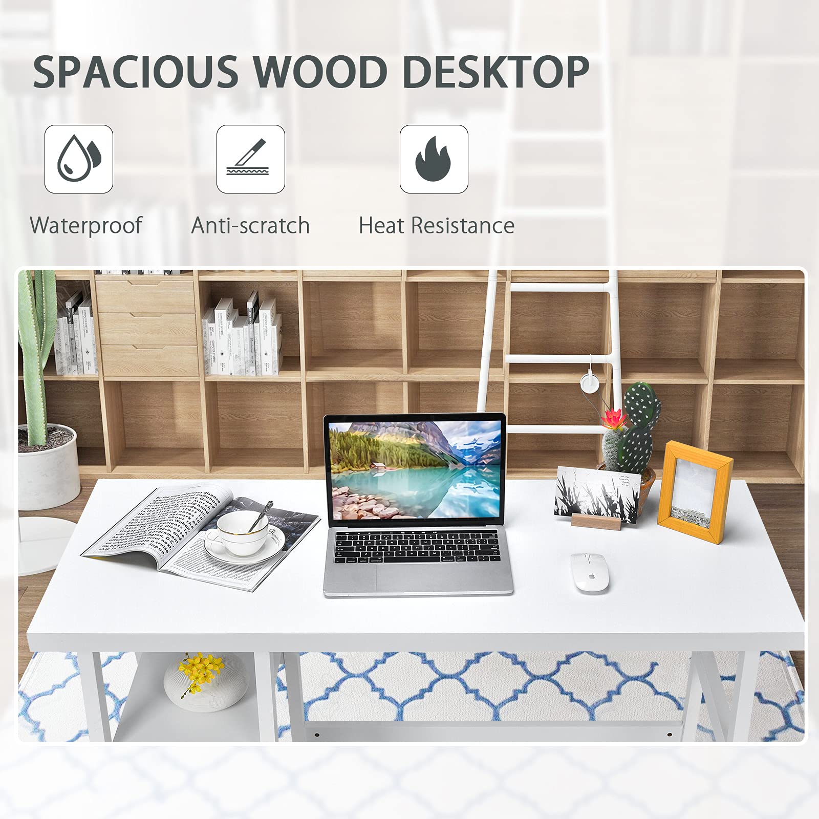 Tangkula White Modern Trestle Desk with Storage Shelves - Home Office Writing Desk, Space Saving Study Desk for Small Bedroom - Perfect for Remote Work & Online Learning
