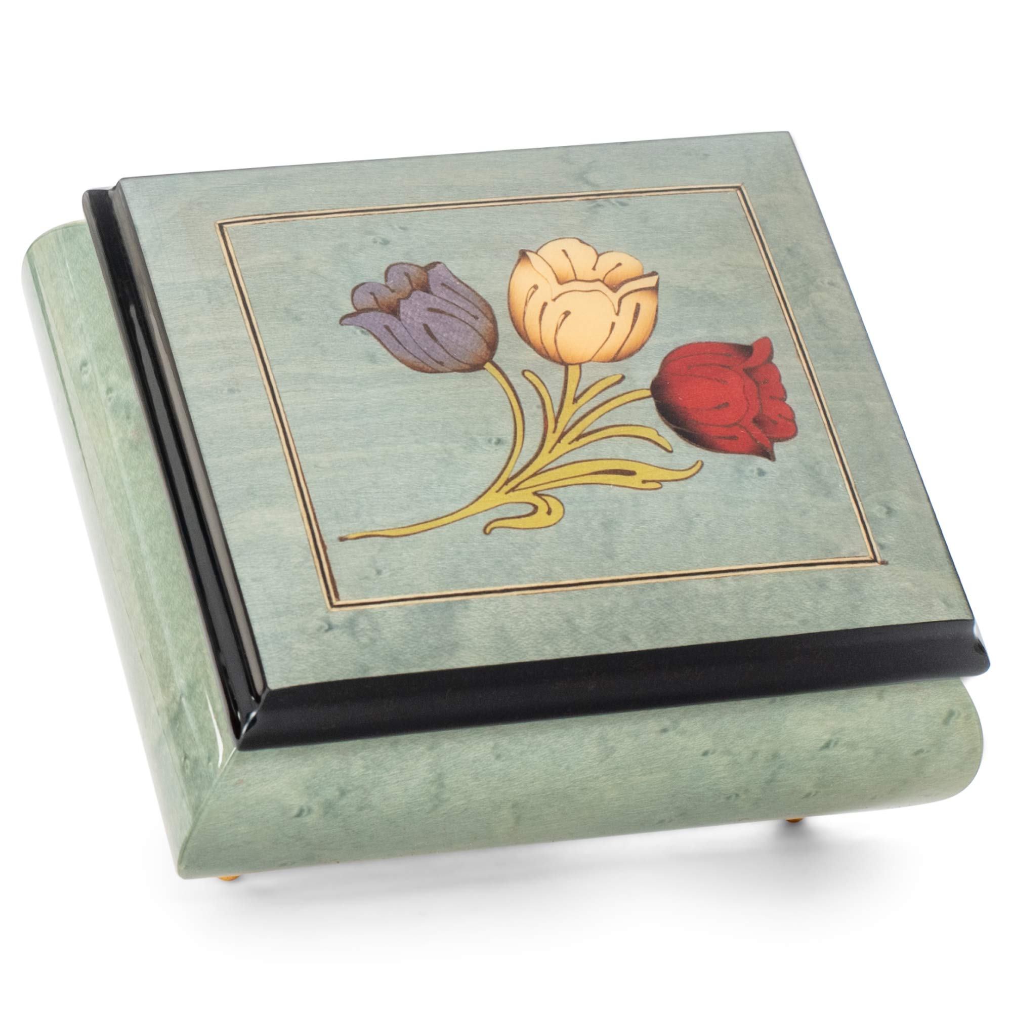Handcrafted Haelo Glossy Tulips Blue Italian Inlaid Wood Jewelry Music Box - Plays 'As Time Goes By' - Perfect Gift for Anniversaries, Weddings & Home Decor