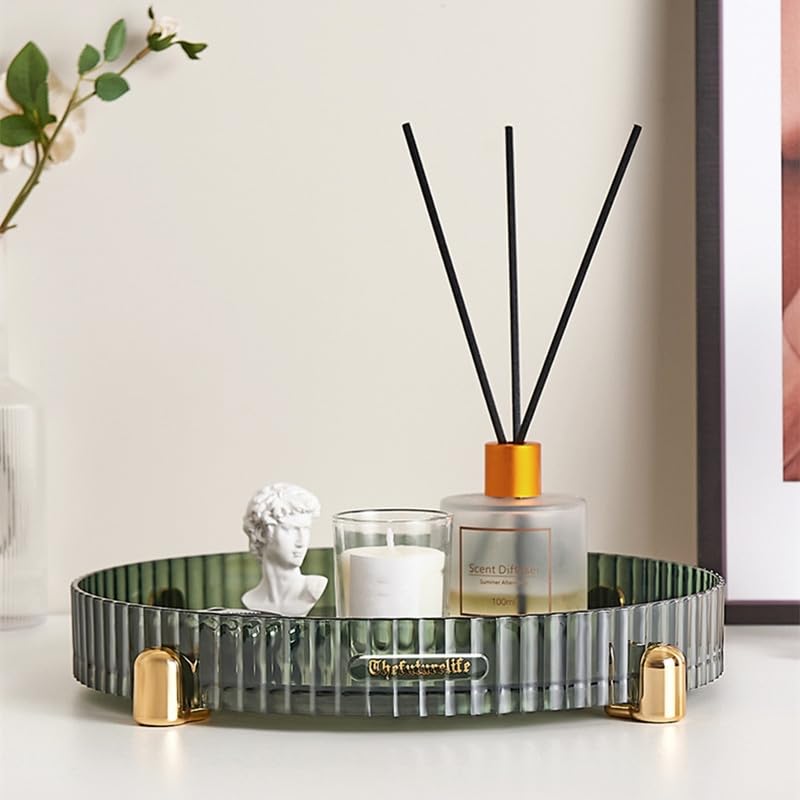 360° Rotating Makeup Organizer - Dark Green Vanity Tray for Bathroom & Dresser