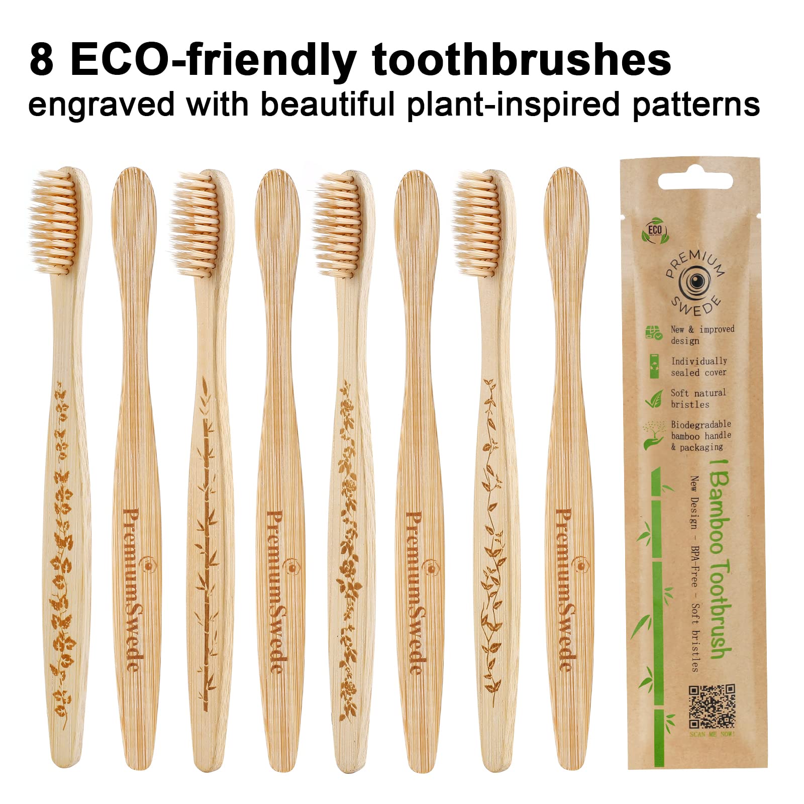 Eco-Friendly Bamboo Toothbrushes for Adults - 8 Pack Soft Bristles, Biodegradable & Individually Wrapped - Natural Wooden Toothbrush for Sensitive Teeth - Perfect for Travel, Home & Zero Waste Lifestyle