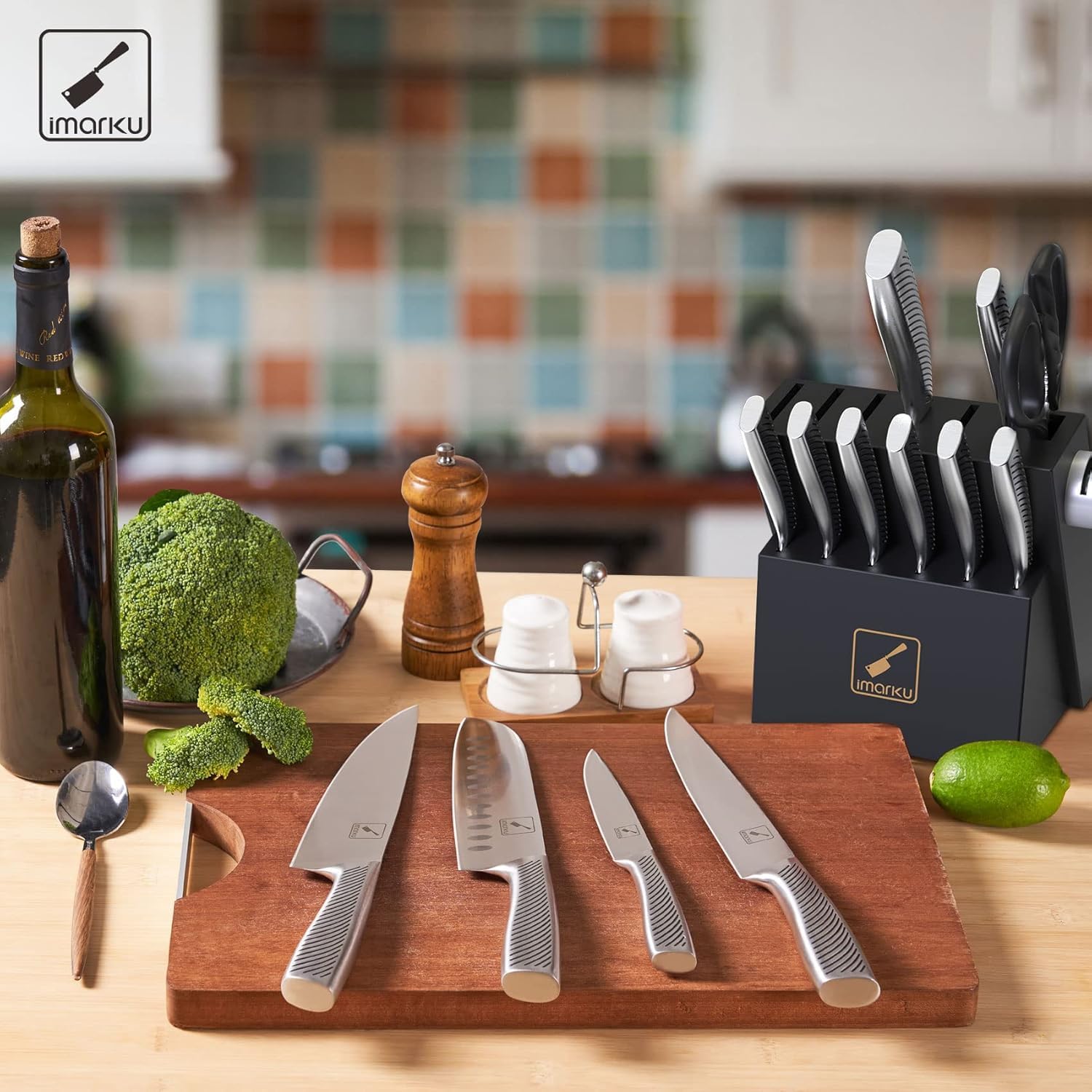 **Imarku 14-Piece High Carbon Stainless Steel Knife Set with Block - Professional Kitchen Knives for Chefs, Dishwasher Safe & Ergonomic Handle - Perfect for Cooking, Slicing, Dicing & Meal Prep**