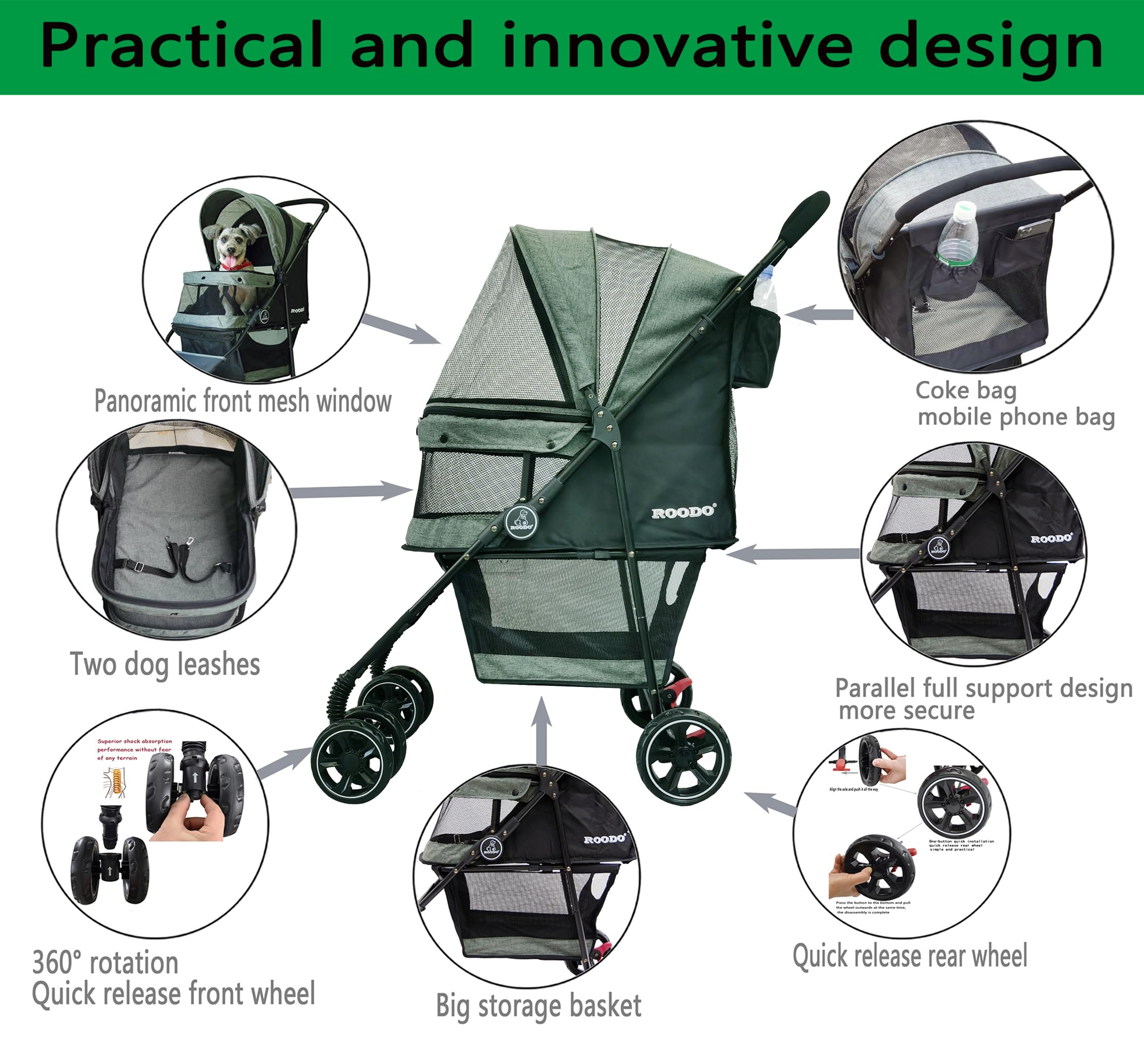 ROODO 4-Wheel All-Terrain Pet Stroller - Lightweight, Foldable & Portable for Dogs & Cats up to 30lbs - Perfect for Jogging, Travel & Outdoor Adventures (Cationic Ash) - Ideal for Medium/Small Dogs, Cats, Puppies & Bunnies
