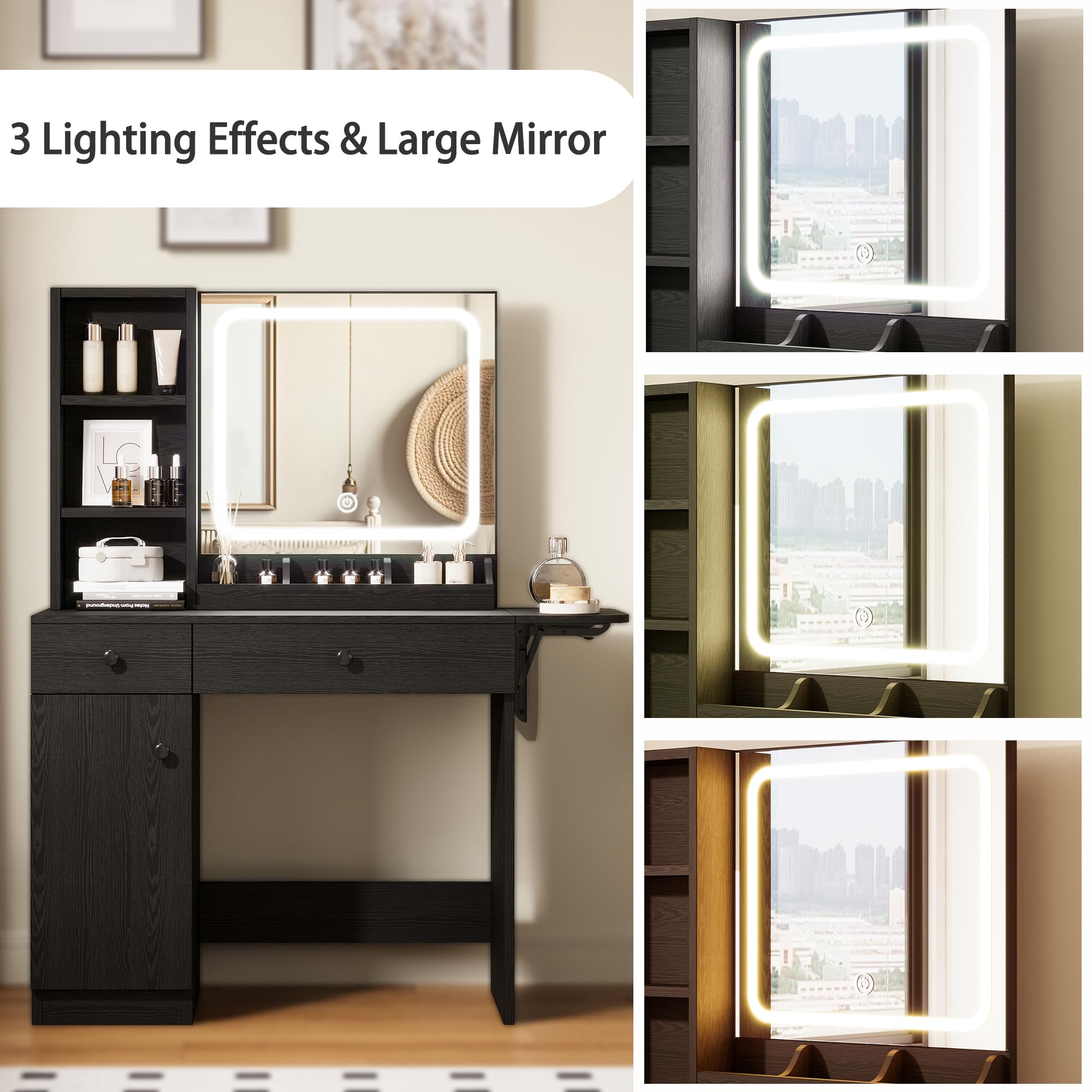 IRONCK Vanity Desk with LED Lighted Mirror, Power Outlet & Storage Stool - Makeup Dressing Table with Drawers & Cabinet for Bedroom, Black - Perfect for Beauty Routine & Home Decor