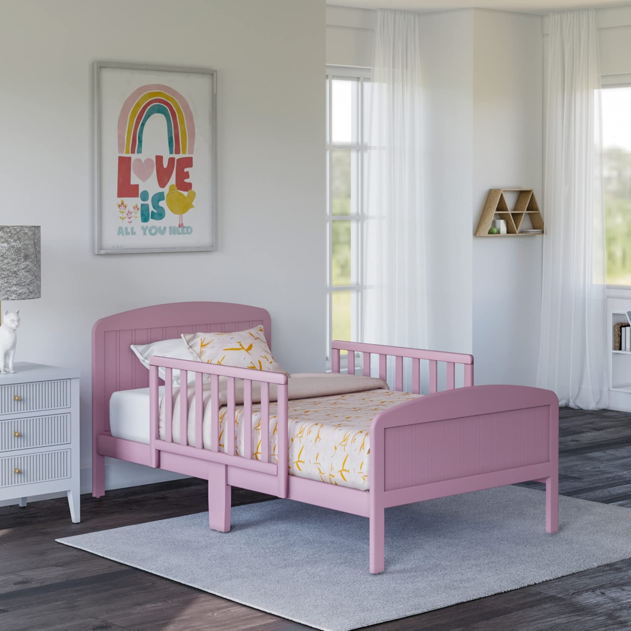 Harrisburg Toddler Bed - Solid Wood Modern Transitional Kids Bed with Side Rails & 2 Safety Guards | Fits Crib Mattress | Low Profile Design for Nursery & Children's Bedroom (Pink) - Perfect for Safe Sleep Transition from Crib to Big Kid Bed