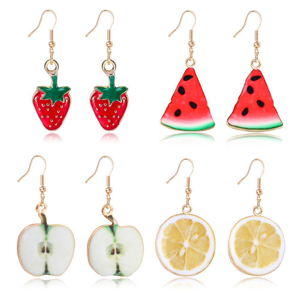 D.Rosse 4 Pairs Assorted Fruit Earrings for Women - Cherry, Strawberry, Watermelon Dangle Drop Earrings Set | Cute & Stylish Jewelry for Casual Wear, Parties, and Gifts