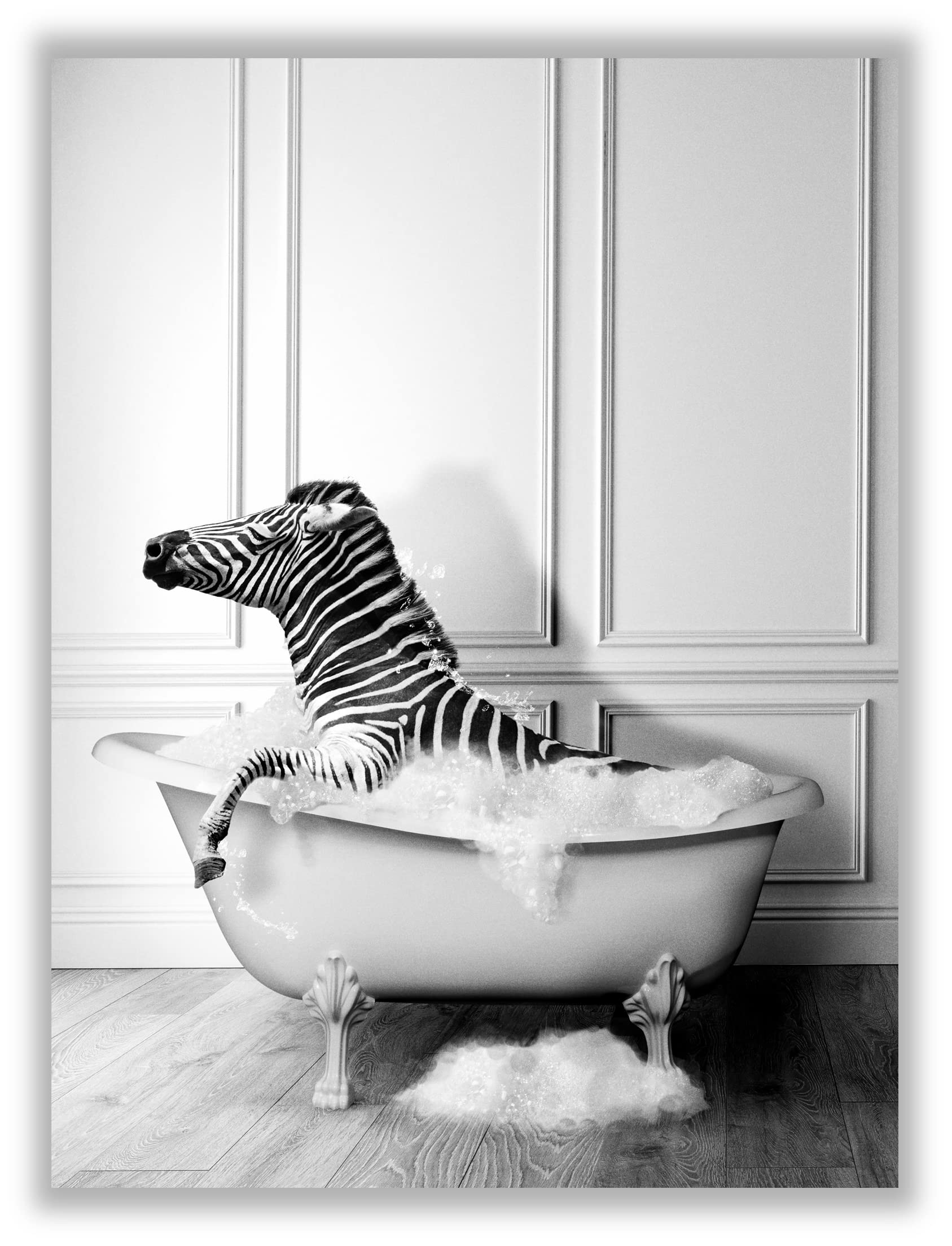 Funny Zebra Animal Bathtub Poster - Unframed 12x16 Inch Black & White Bathroom Wall Decor - Modern Chic Zebra Print Art for Bathroom, Powder Room or Kids' Bath - Unique Cool Wall Art for Home Decor