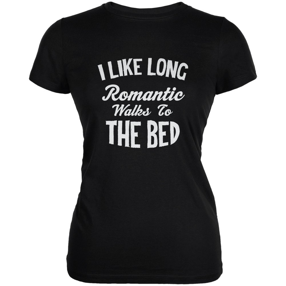 Old Glory Long Romantic Walks to The Bed Black Juniors Soft Cotton T-Shirt - X-Large for Casual Wear, Date Night & Lounge Comfort