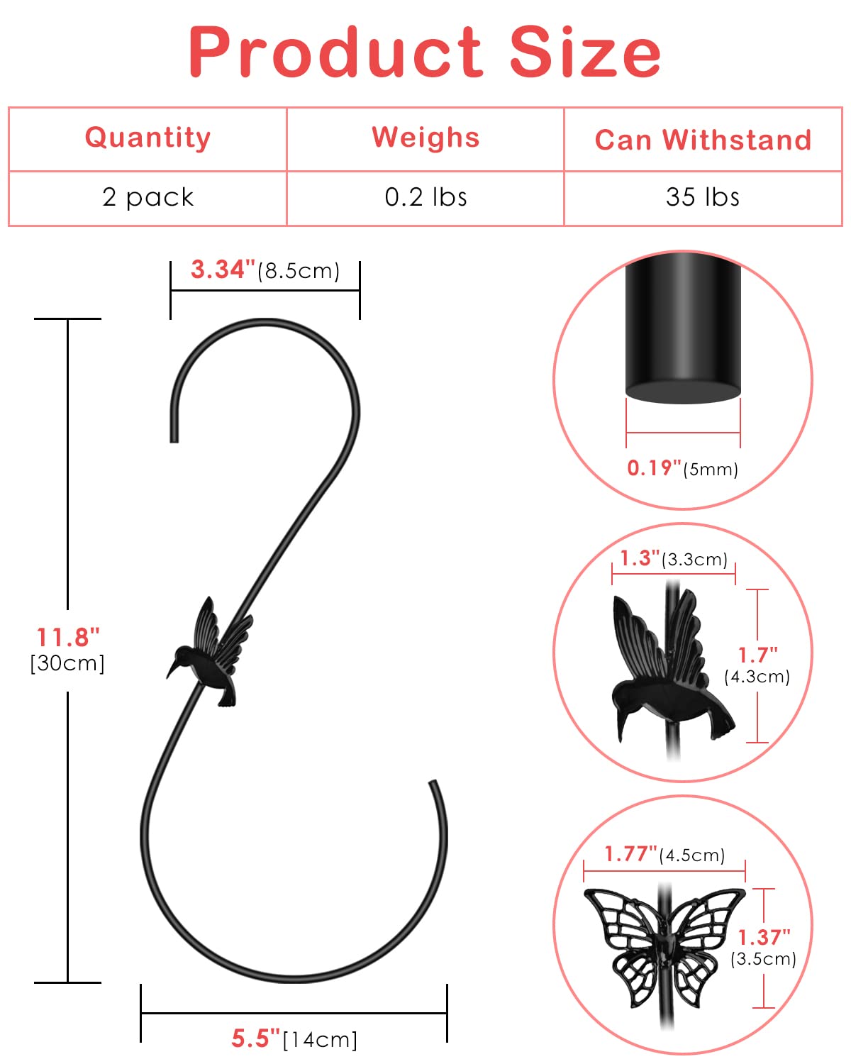 PACETAP 12-Inch Heavy Duty Metal Bird Feeder Hangers (2PCS) - Outdoor Plant Hooks for Hummingbird Feeders, Hanging Plants, Wind Chimes & Christmas Decorations (Black) - Perfect for Garden, Patio and Backyard Decoration