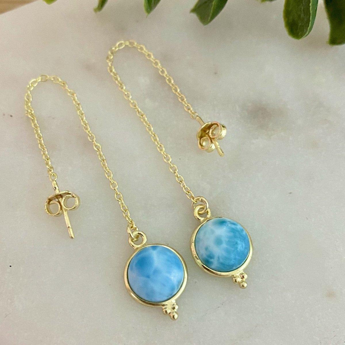 Laihas Free Spirit Gold Larimar Threader Earrings – Elegant Boho Jewelry for Women | Perfect for Beach Parties, Date Nights & Special Occasions