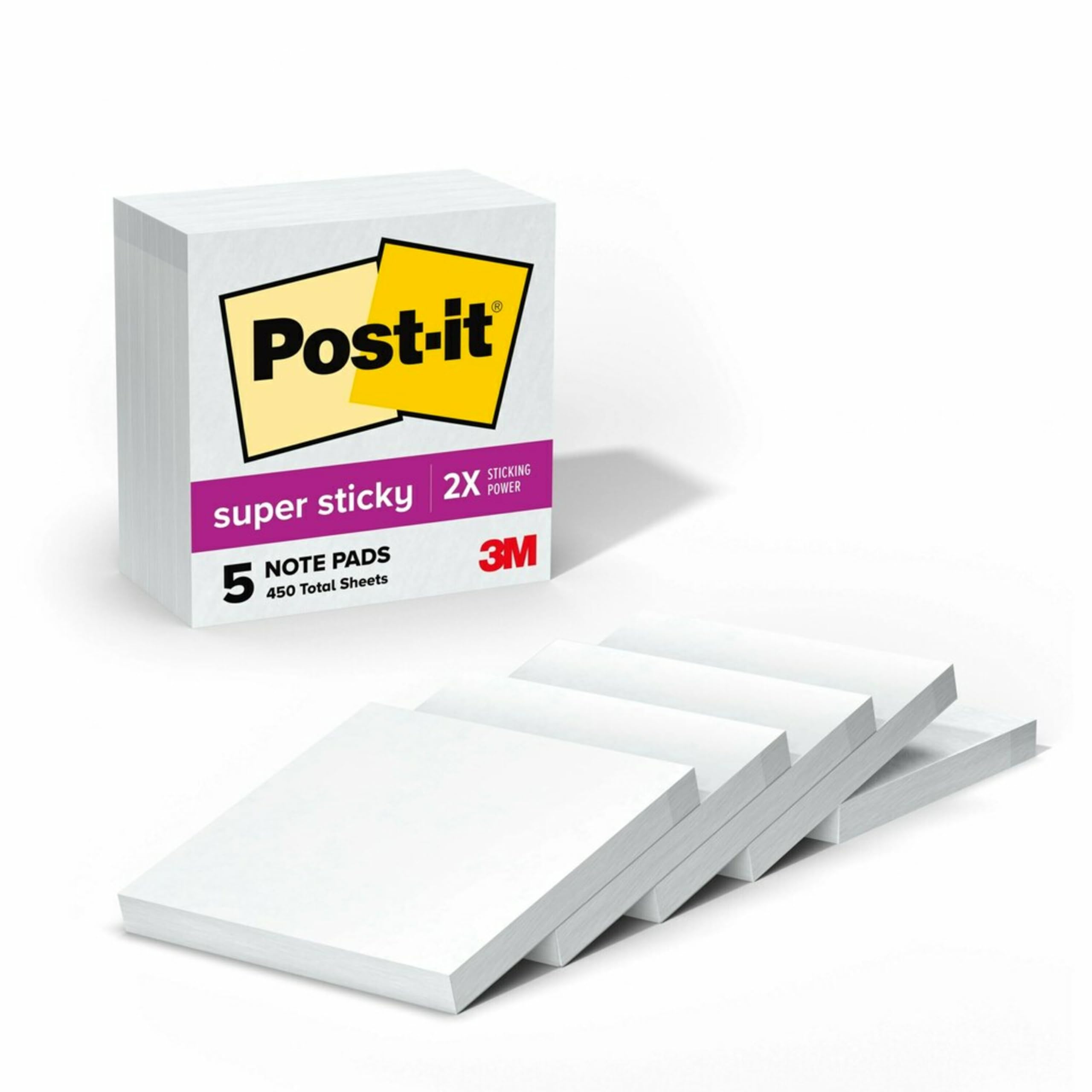 Super Sticky Notes 5-Pack, 3x3 Inch Extra Strong Adhesive Post-it Notes for School, Office & Home - Perfect for Vertical Surfaces, Monitors, Walls & Windows (First Snow White) - Great for Reminders, Planning & Organization