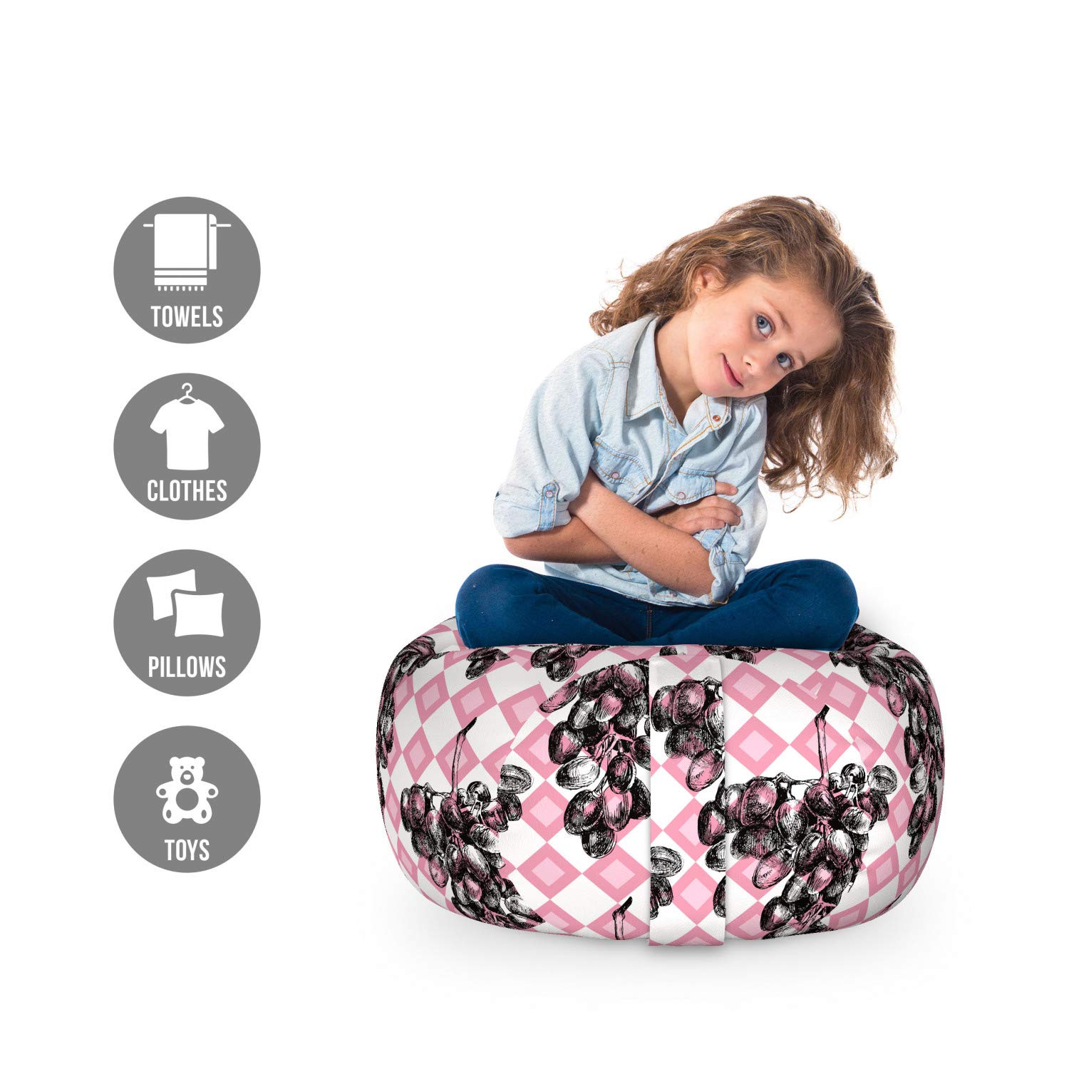 Ambesonne Washable Toy Storage Bag Chair - Hand Drawn Grapes Sketch on Checkered Background, Small Size Pink & Grey - Perfect for Kids' Room, Stuffed Animal Organizer, Playroom Decor & Nursery Storage Solution