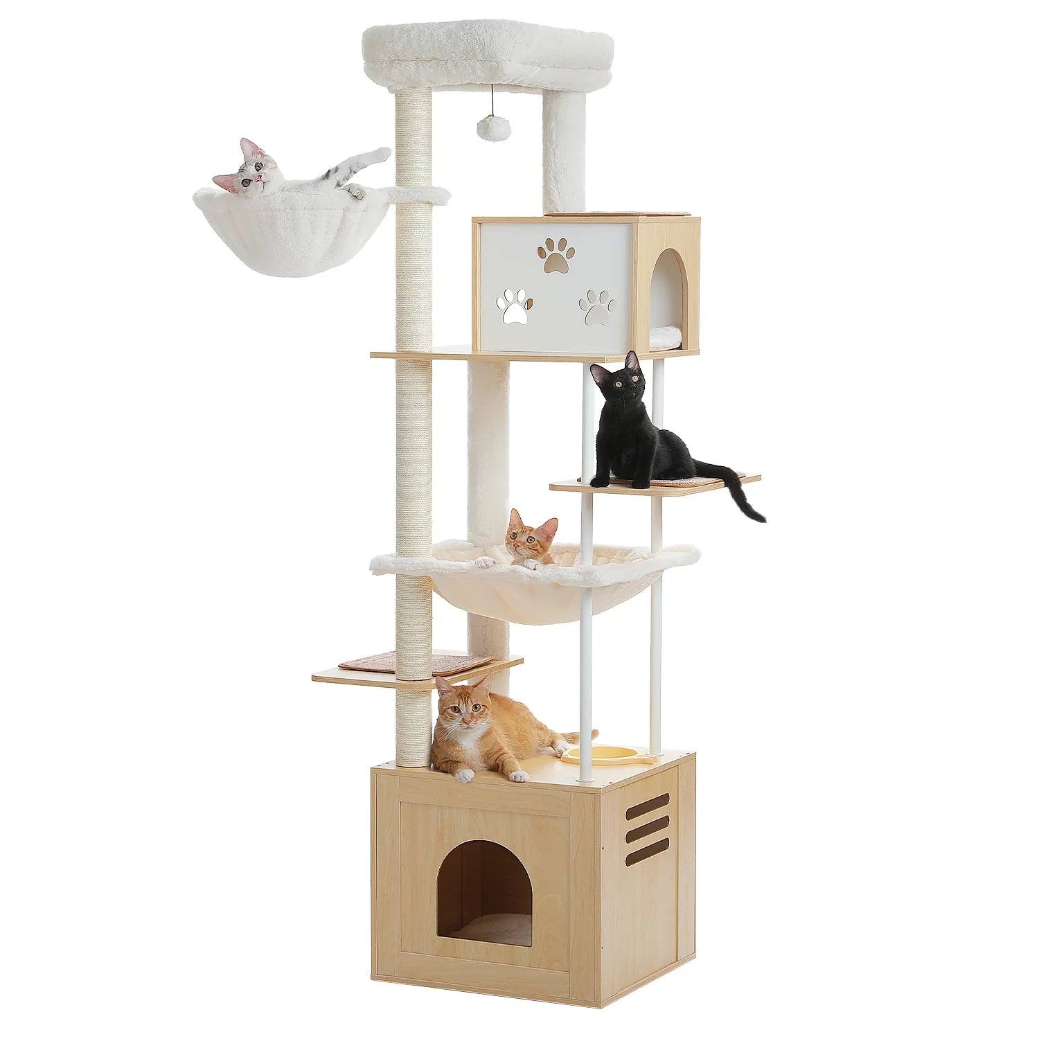 190cm Tall Wooden Cat Tree Tower with Feeding Bowls - Multi-Level Cat Condo & Scratching Post for Large Cats, Beige | Perfect for Indoor Play, Climbing & Relaxation in Living Room or Bedroom