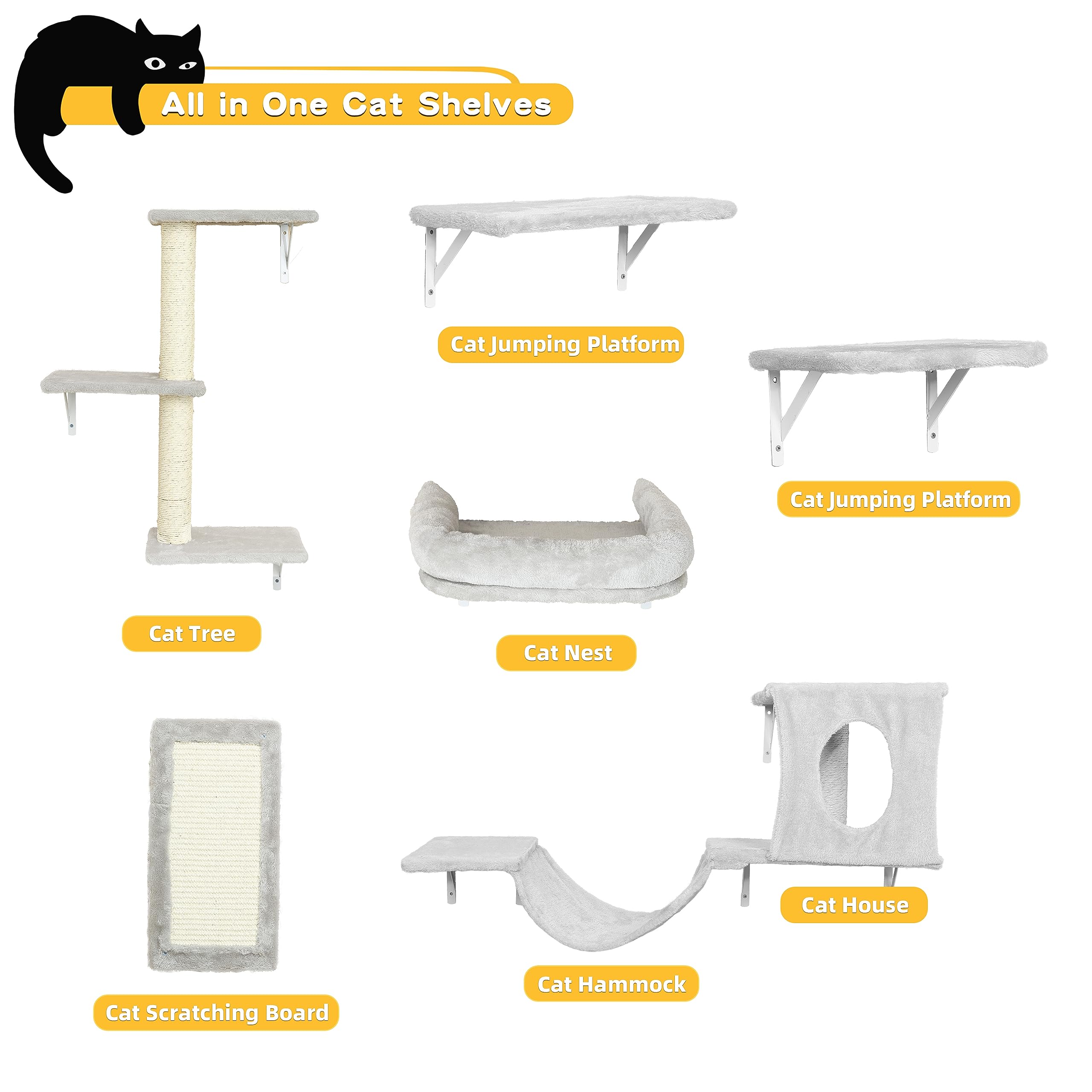 NUNU LAB 6-Piece Wall Mounted Cat Furniture Set - Cat Climber with House, Bridge, Tree, Steps & Scratcher, DIY Cat Wall Playground, Grey Indoor Cat Shelves for Active Cats - Perfect for Small Spaces & Cat Enrichment