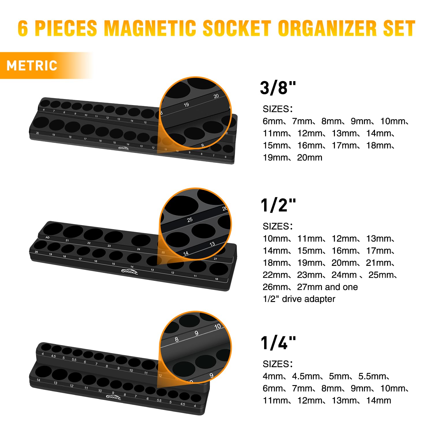 GOOACC 6-Piece Magnetic Socket Organizer Set - 1/2