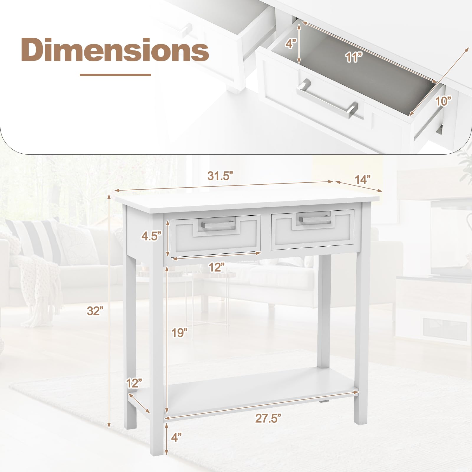 Giantex White Console Table with Drawers - Narrow Sofa Table with Open Shelf & Wood Legs - Entryway Table for Living Room, Office, Hallway - Perfect for Small Spaces & Home Decor