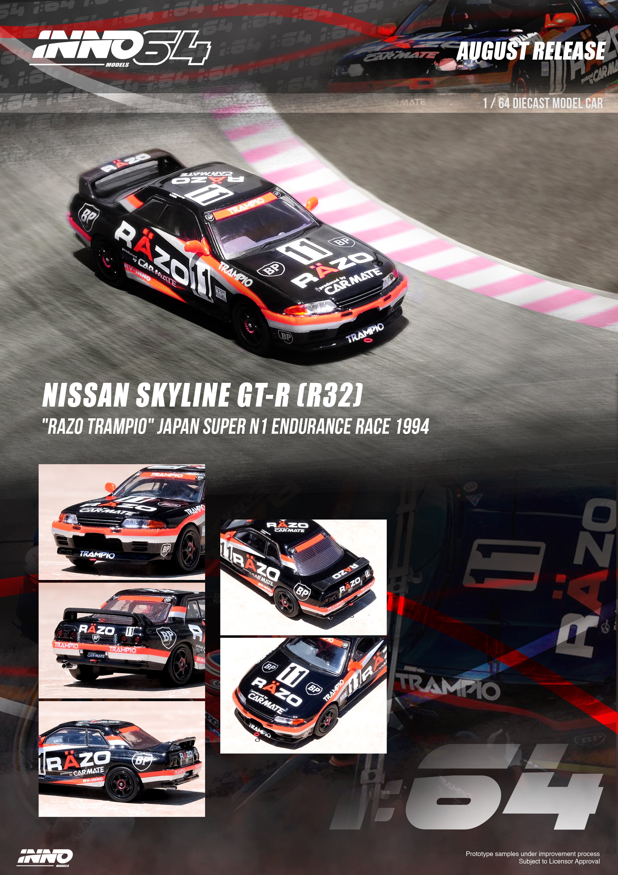 INNO64 1:64 Scale Nissan Skyline GT-R (R32) #11 RAZO TAMPIO Japan Super N1 Endurance Race 1994 Diecast Model Car - Collectible Racing Toy for Display & Car Enthusiasts