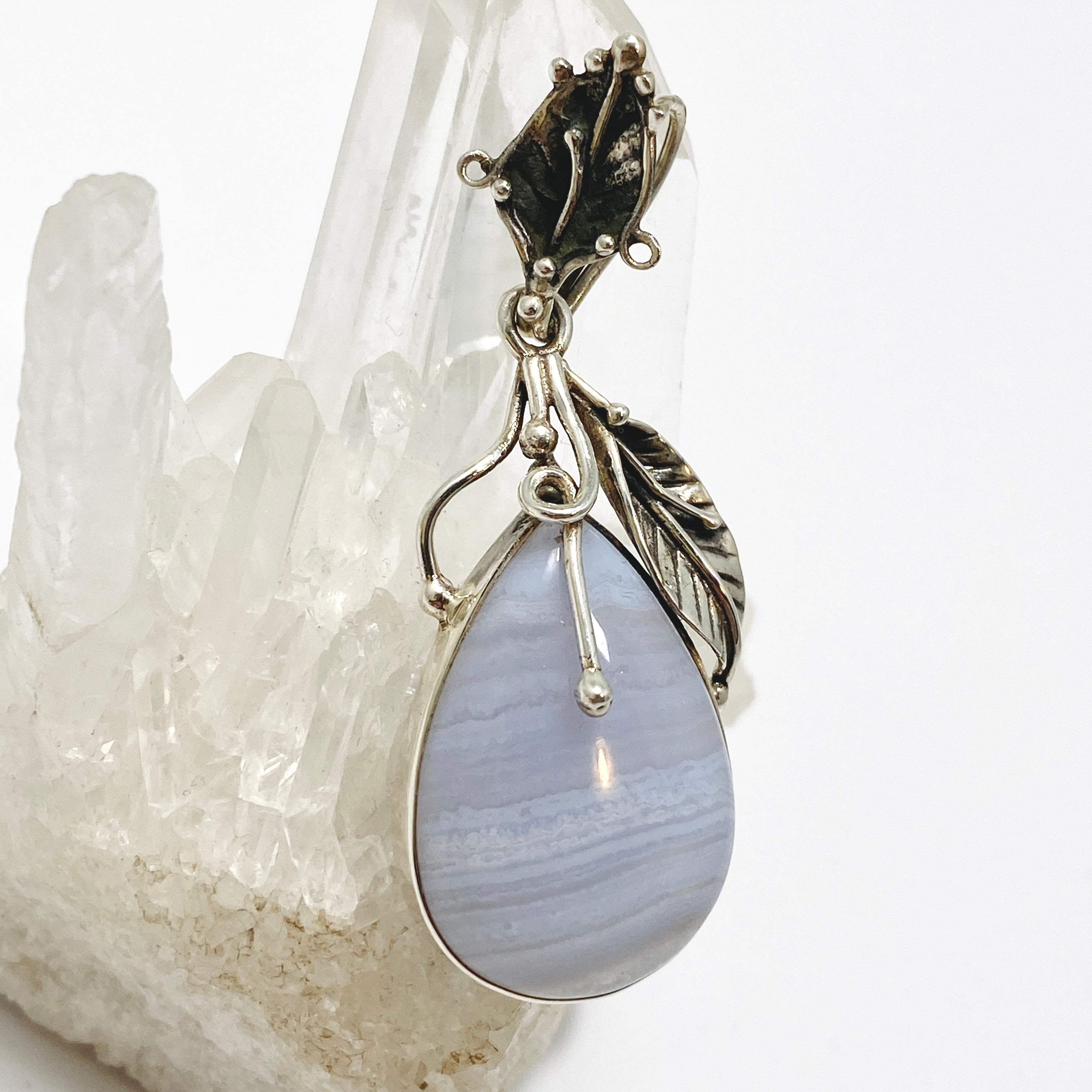 Blue Lace Agate Teardrop Cabochon Pendant Necklace - Natural Stone Jewelry with Botanical Setting PPGJ989 - Perfect for Boho Style, Meditation & Spiritual Healing