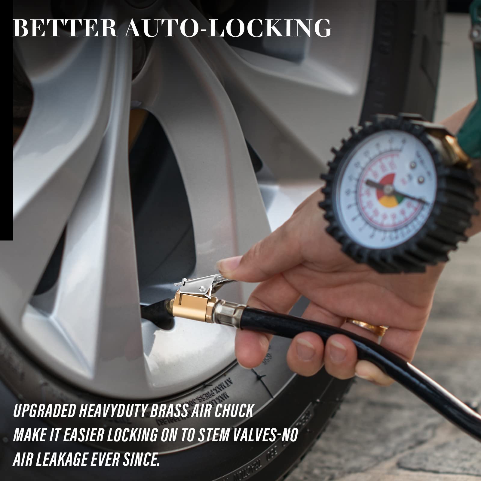 COBEE Heavy Duty Brass Locking Tire Inflator Air Chuck with Clip Adapter (2 Pack) - No Leak Air Chuck for Tire Pump & Compressor Connection - Perfect for Car, Truck, ATV & Motorcycle Tire Inflation