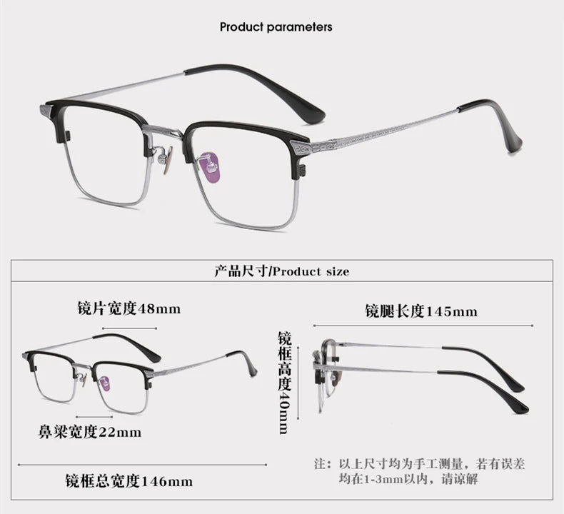 Stylish Black Unisex Titanium Square Full Rim Eyeglasses 1405 - Perfect for Reading, Work & Everyday Fashion