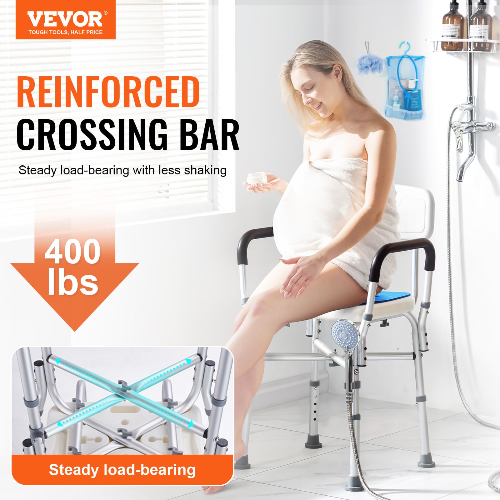 Adjustable Shower Chair Seat with Padded Armrests & Back Support - 400 lbs Weight Capacity - Non-Slip Bath Stool for Elderly & Disabled - Perfect for Shower, Bathtub & Bathroom Safety (Ideal for Seniors, Post-Surgery Recovery & Mobility Assistance)