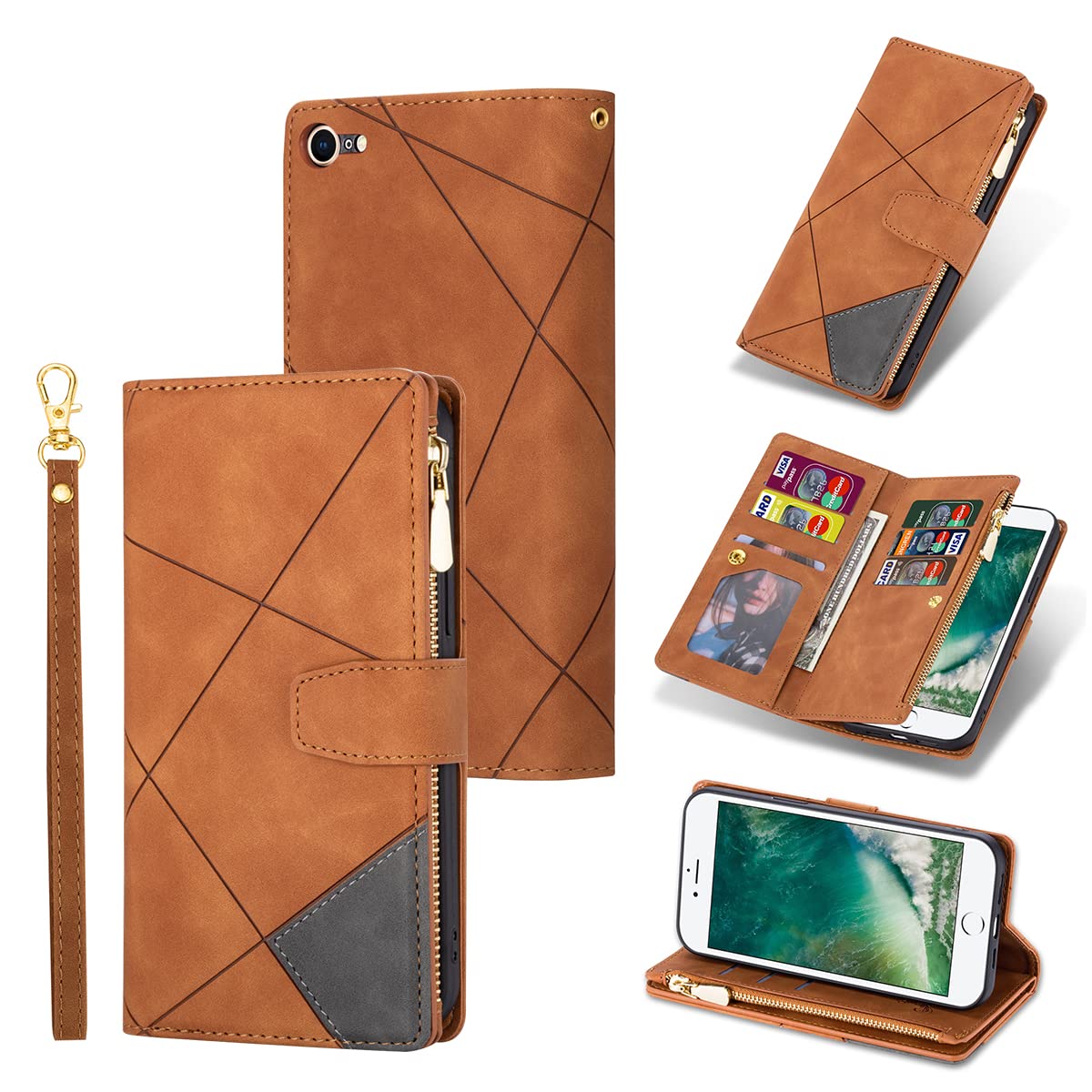 Premium PU Leather Wallet Case for iPhone SE 2022/SE 2020/SE3/SE2/7/8 - Magnetic Zipper Flip Cover with Card Slots, Kickstand & Hand Strap (Brown) | Perfect for Travel, Shopping & Daily Use