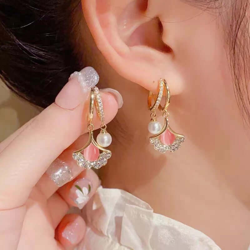 14K Gold Plated Ginkgo Leaf Huggie Earrings with Dangle Pearl Drop | Elegant Pearl Earrings for Women | Perfect for Weddings, Parties & Everyday Wear | A8078