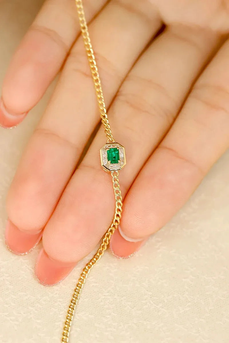 18K Yellow Gold Bracelet for Women with Real Diamonds & Natural Emerald - T Shape Cuban Chain Design Jewelry Set (Bracelet & Necklace) | Perfect for Weddings, Anniversaries, and Special Occasions
