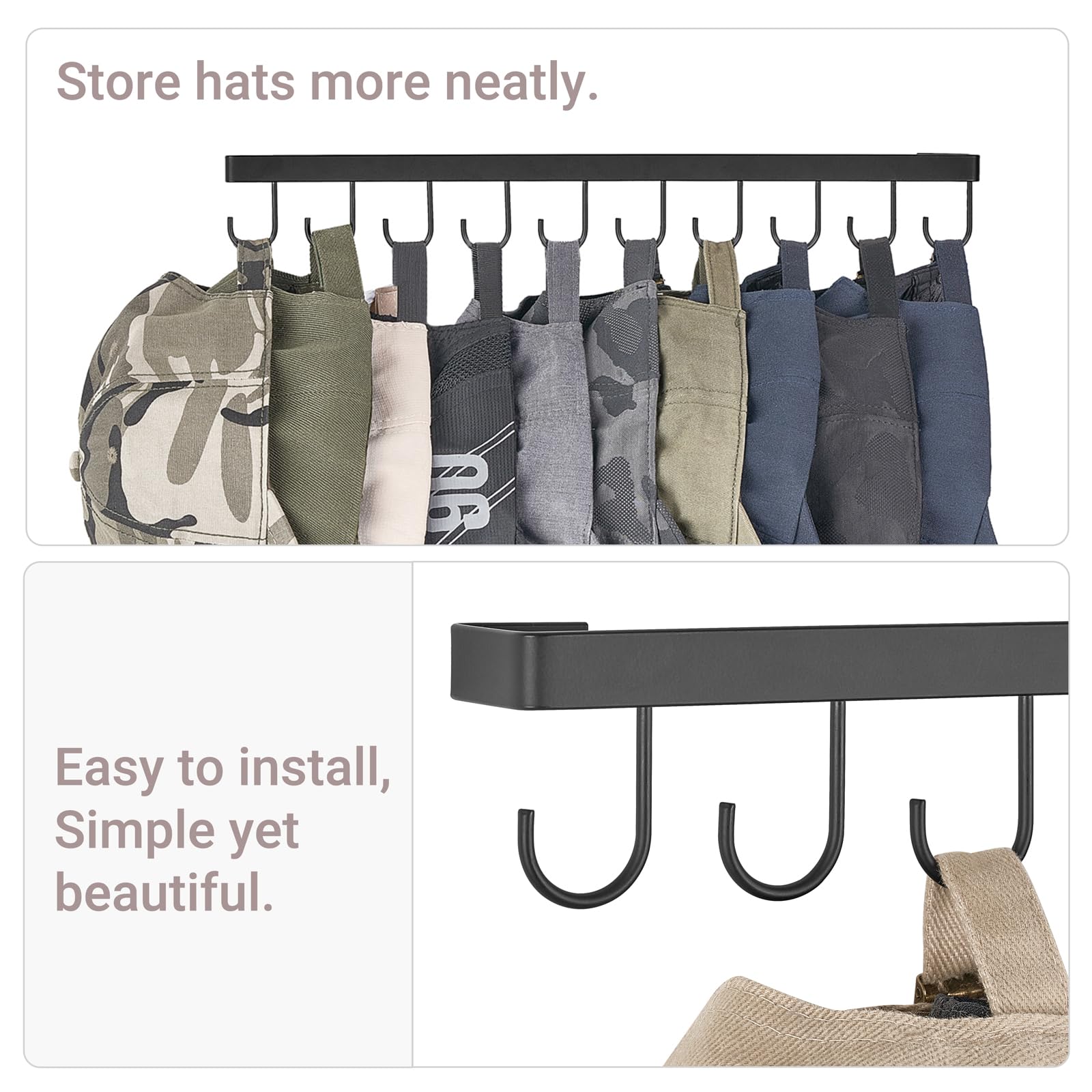Mkono Wall Mount Hat Rack Set of 2 - Metal Baseball Cap Organizer Holds 20 Hats - Modern Black Closet Storage for Bedroom, Entryway & Closet Organization - Perfect for Caps, Hats & Accessories Display