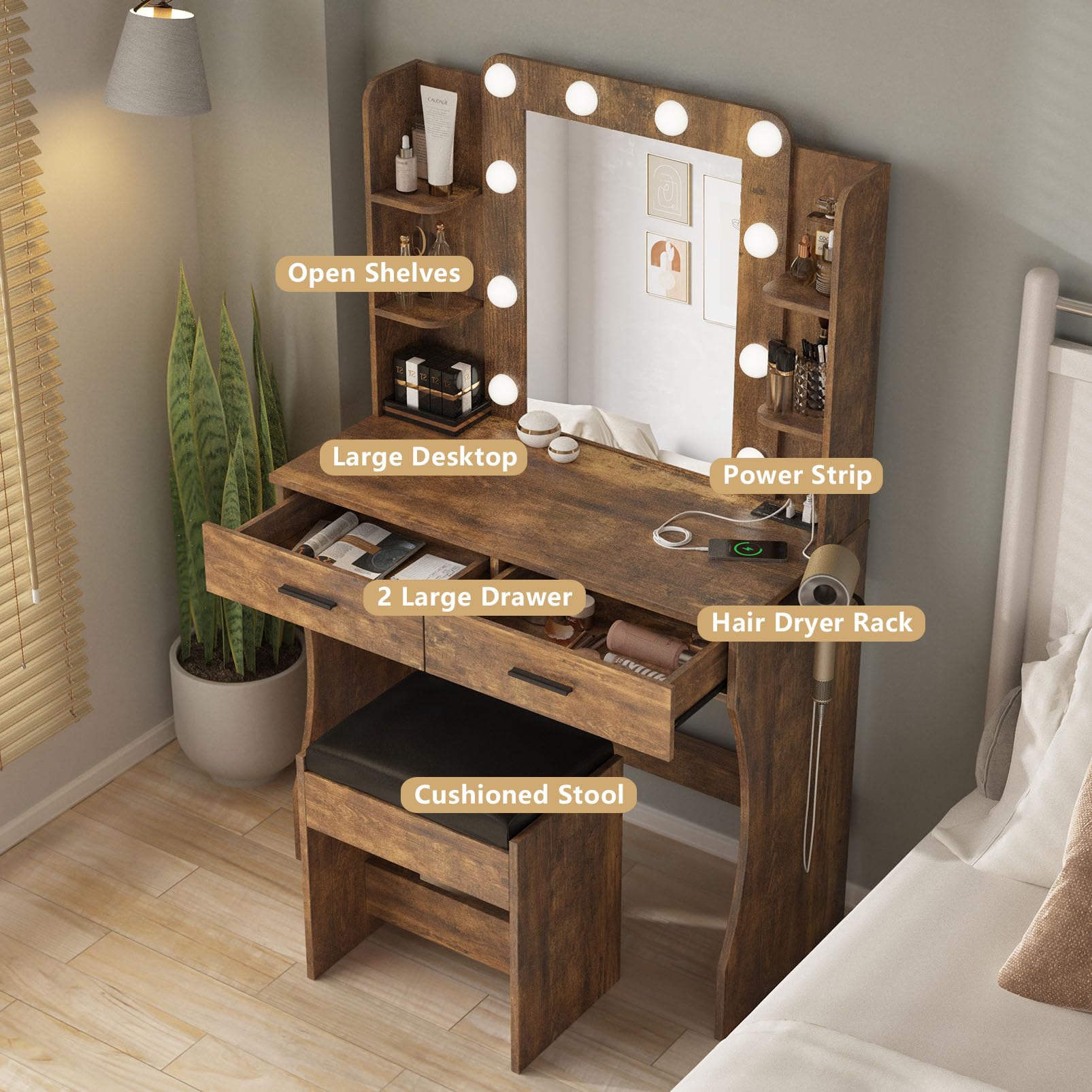 Vanity Desk with LED Lights & Power Strip, Makeup Dressing Table Set with 2 Large Drawers & Adjustable 3-Color Mirror, Rustic Brown - Perfect for Bedroom, Home Salon & Beauty Room Organization