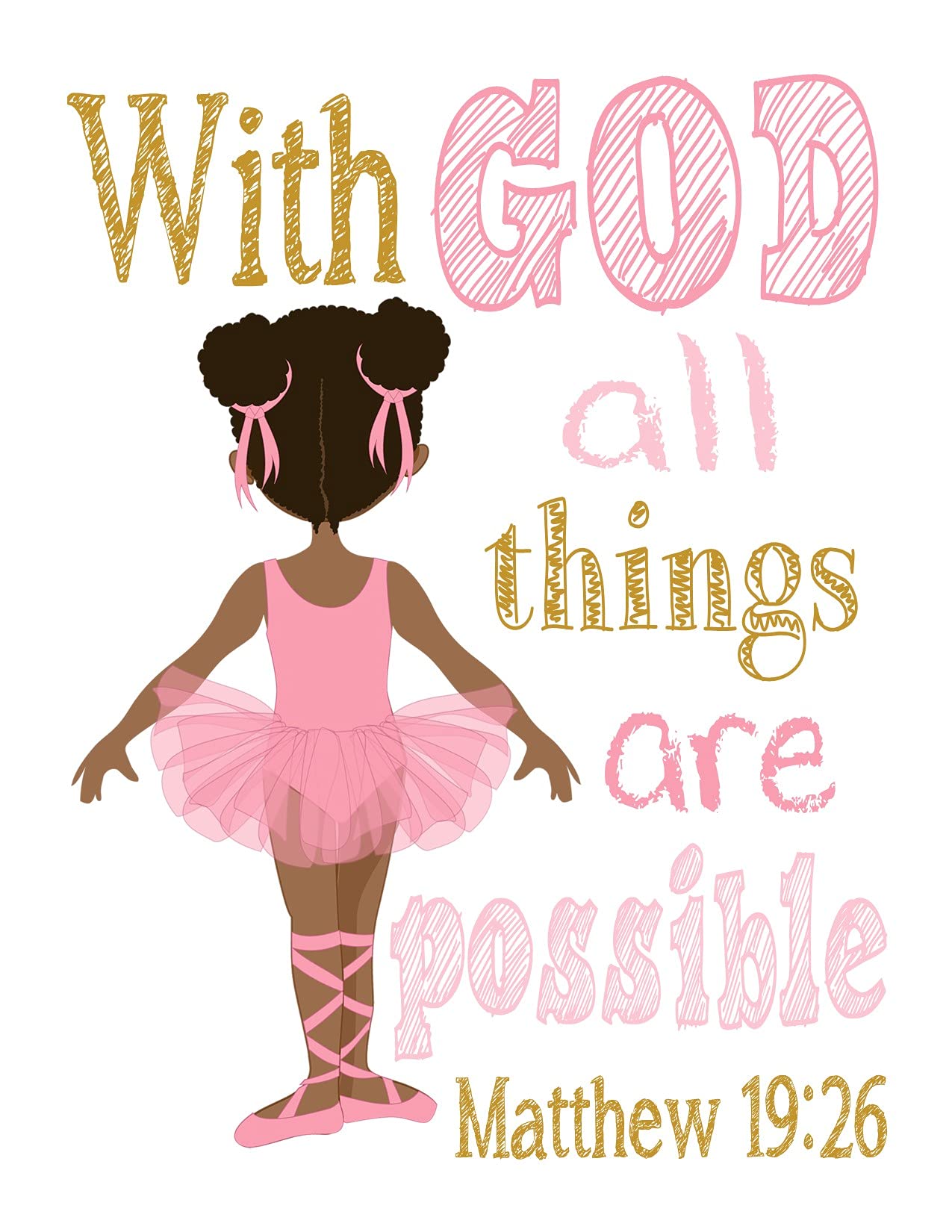African American Ballerina Nursery Prints - Pink & Gold Bible Verse Decor for Christian Baby Room