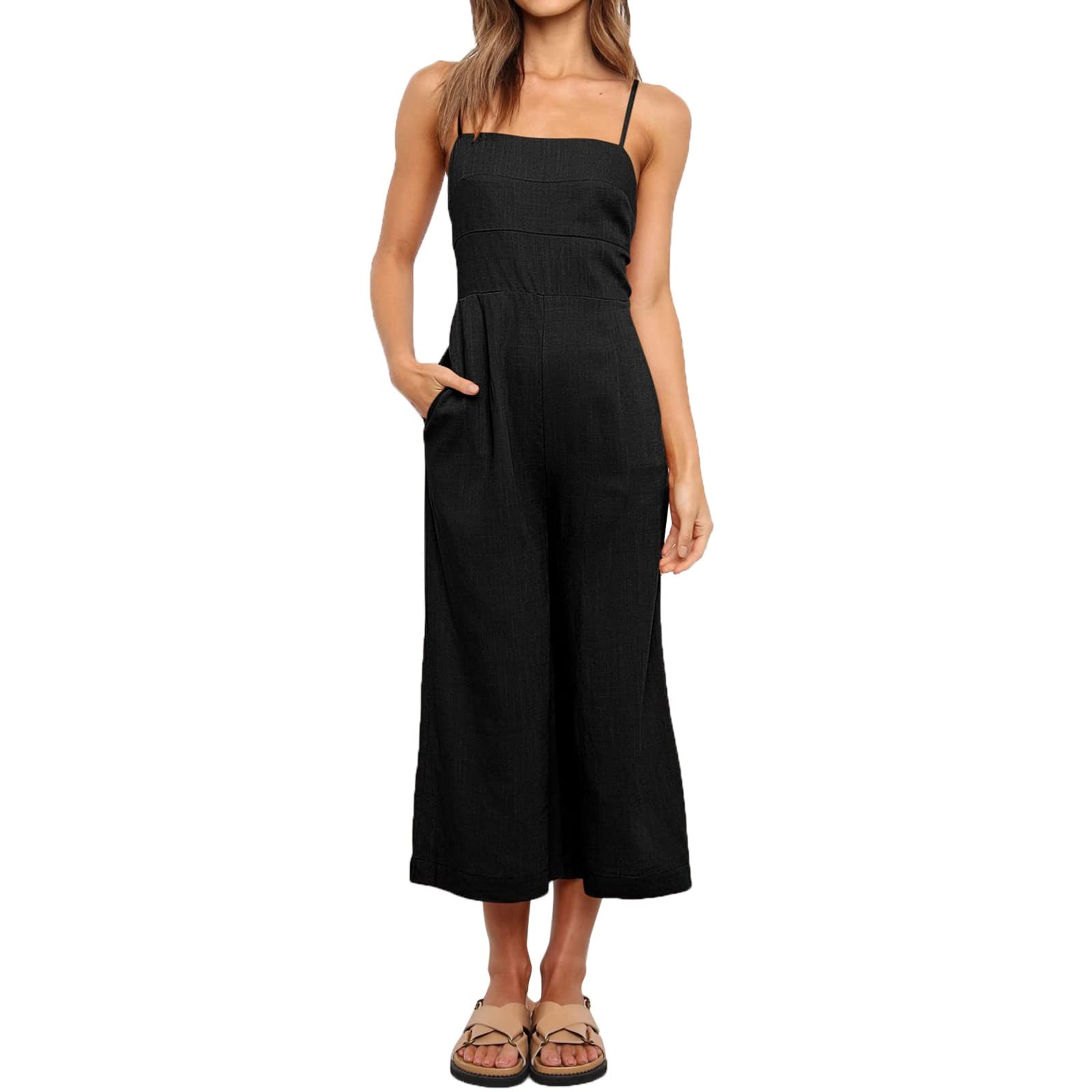 Women's Elegant Sleeveless Spaghetti Strap Lace-Up Back Jumpsuit - High Waist Wide Leg Backless Romper for Summer | Perfect for Beach Vacations, Date Nights & Outdoor Parties