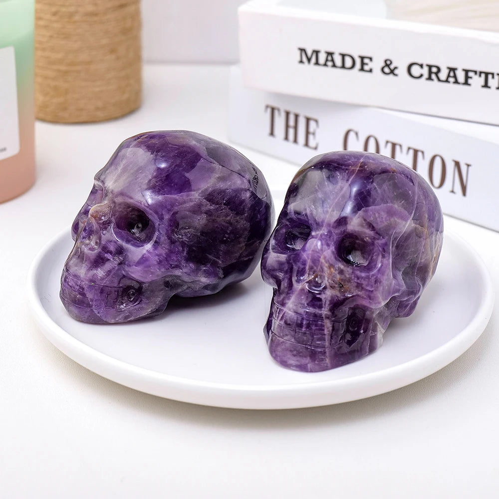 Hand Carved Natural Amethyst Crystal Skull Statue - Feng Shui Healing Decor, Reiki Energy Stone, Unique Home & Desk Ornament - Perfect for Meditation Spaces, Spiritual Gifts & Crystal Collections