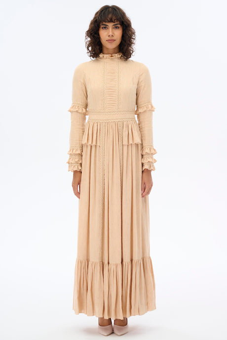 Elegant High Neck Lace Dress for Women - Beige Formal Evening Gown | Perfect for Weddings, Parties & Special Occasions