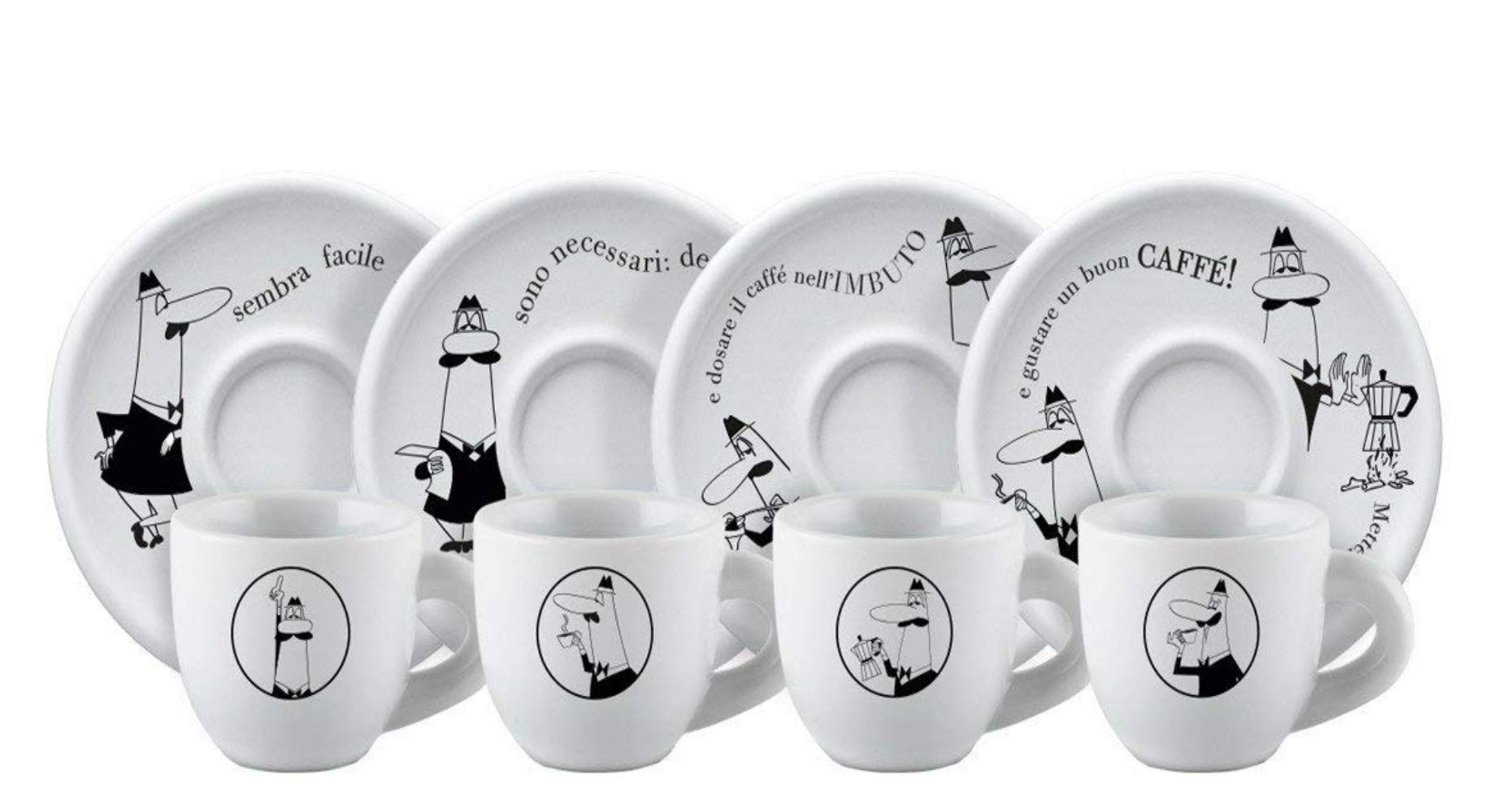 Bialetti Moka Espresso Coffee Cups and Saucers Set of 4 - Perfect for Italian Coffee Lovers, Home Brewing & Cafe Style Serving