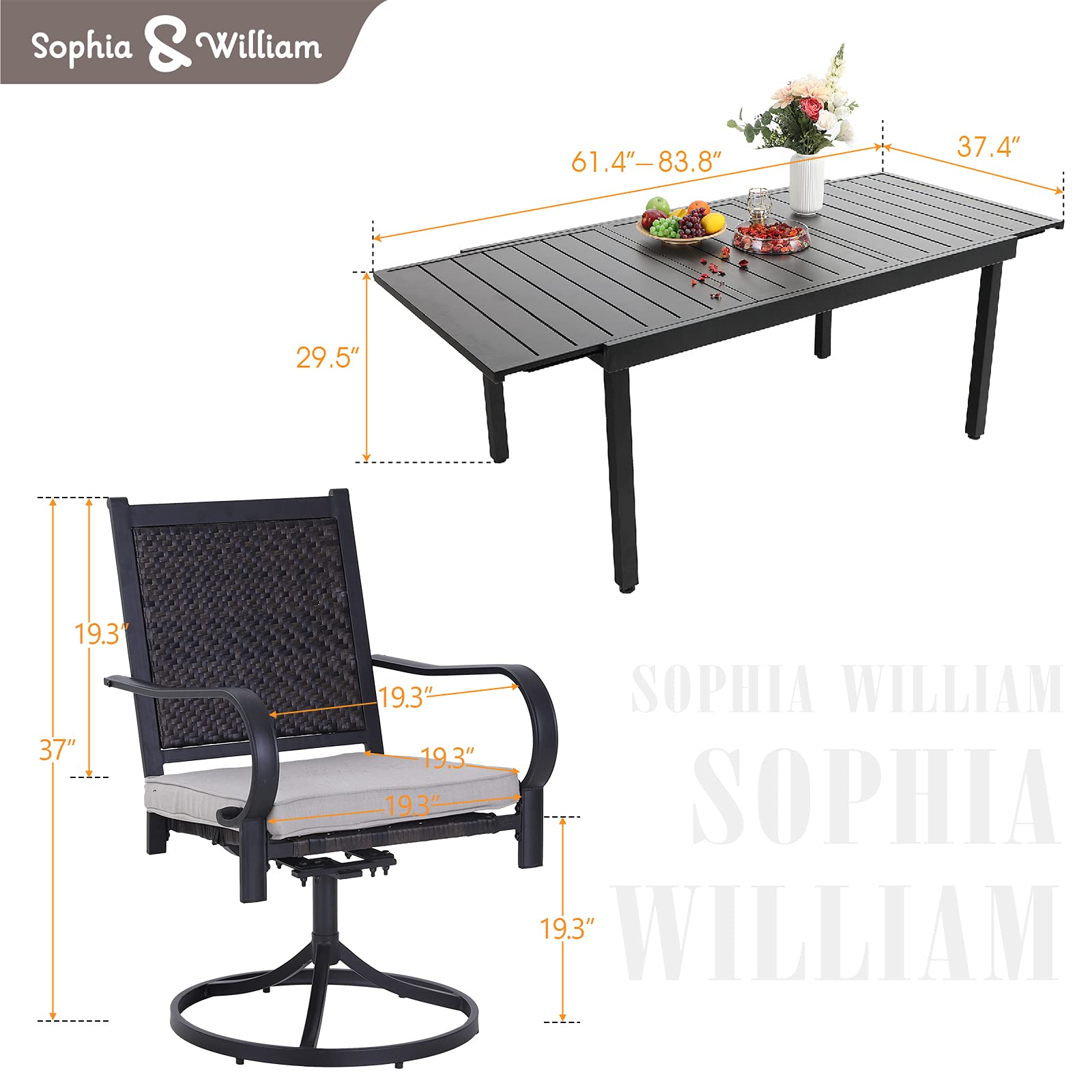 Sophia & William 9-Piece Patio Dining Set - Weather-Resistant Rattan Wicker Furniture with 8 Cushioned Chairs & Expandable Metal Table - Perfect for Outdoor Dining in Garden, Backyard, Lawn or Terrace