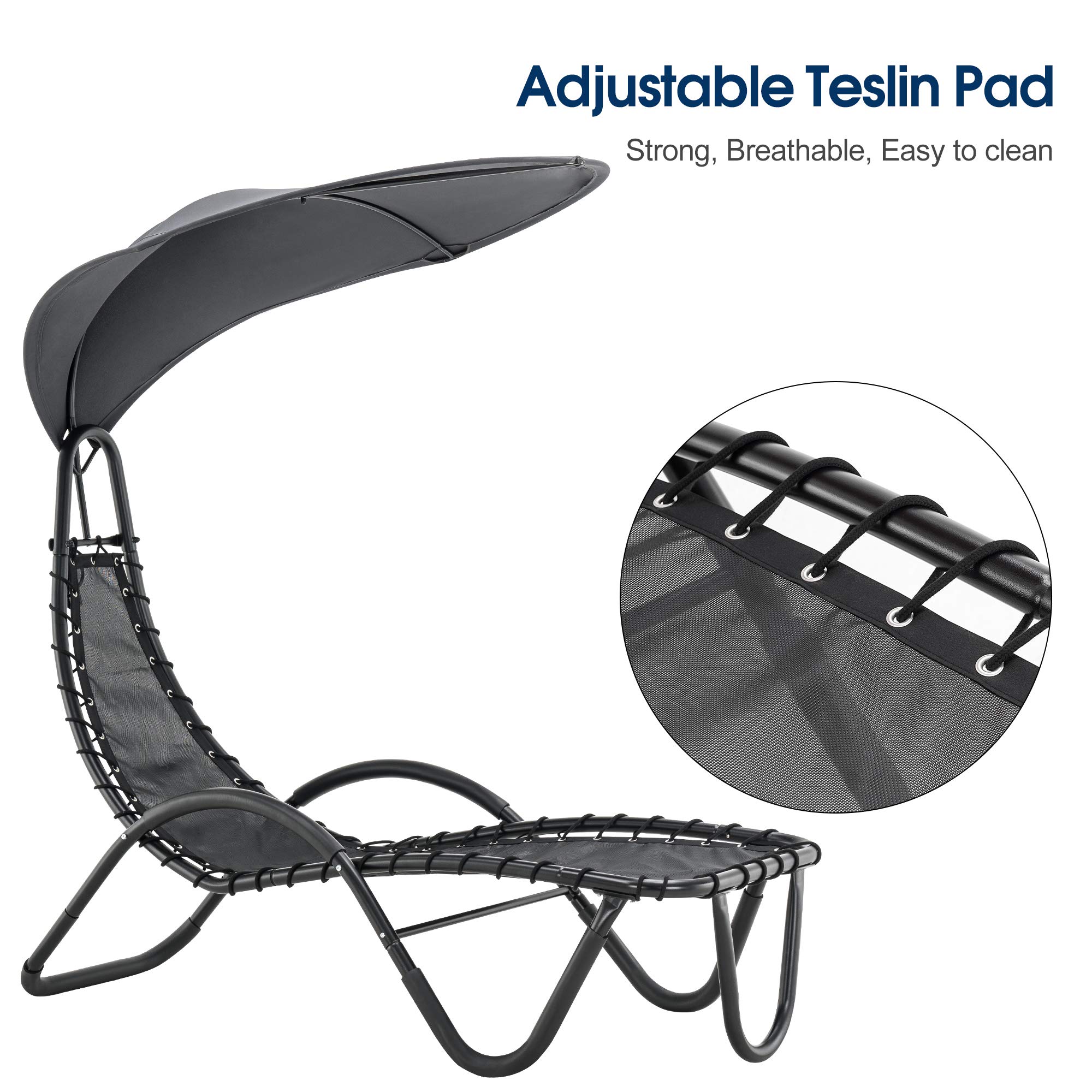 MCombo Outdoor Steel Chaise Lounge Chair with Removable Canopy & Cushions - Adjustable Reclining Patio Chair with Side Pocket & Arc Stand - Perfect for Beach, Poolside, Backyard, Balcony, Porch - Heavy Duty Grey Lounge Chair (Model 4097) for Ultimate Relaxation & Sunbathing