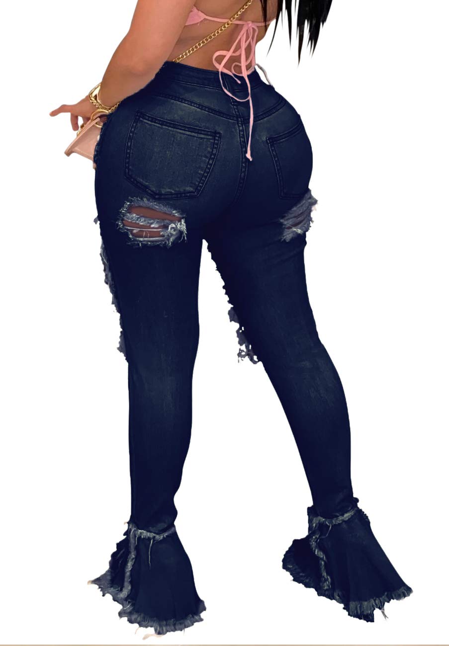Women's High Waisted Bell Bottom Jeans - Distressed Ripped Flare Denim Pants with Elastic Waist & Raw Hem | Retro 70s Vintage Style for Casual Outfits & Music Festivals
