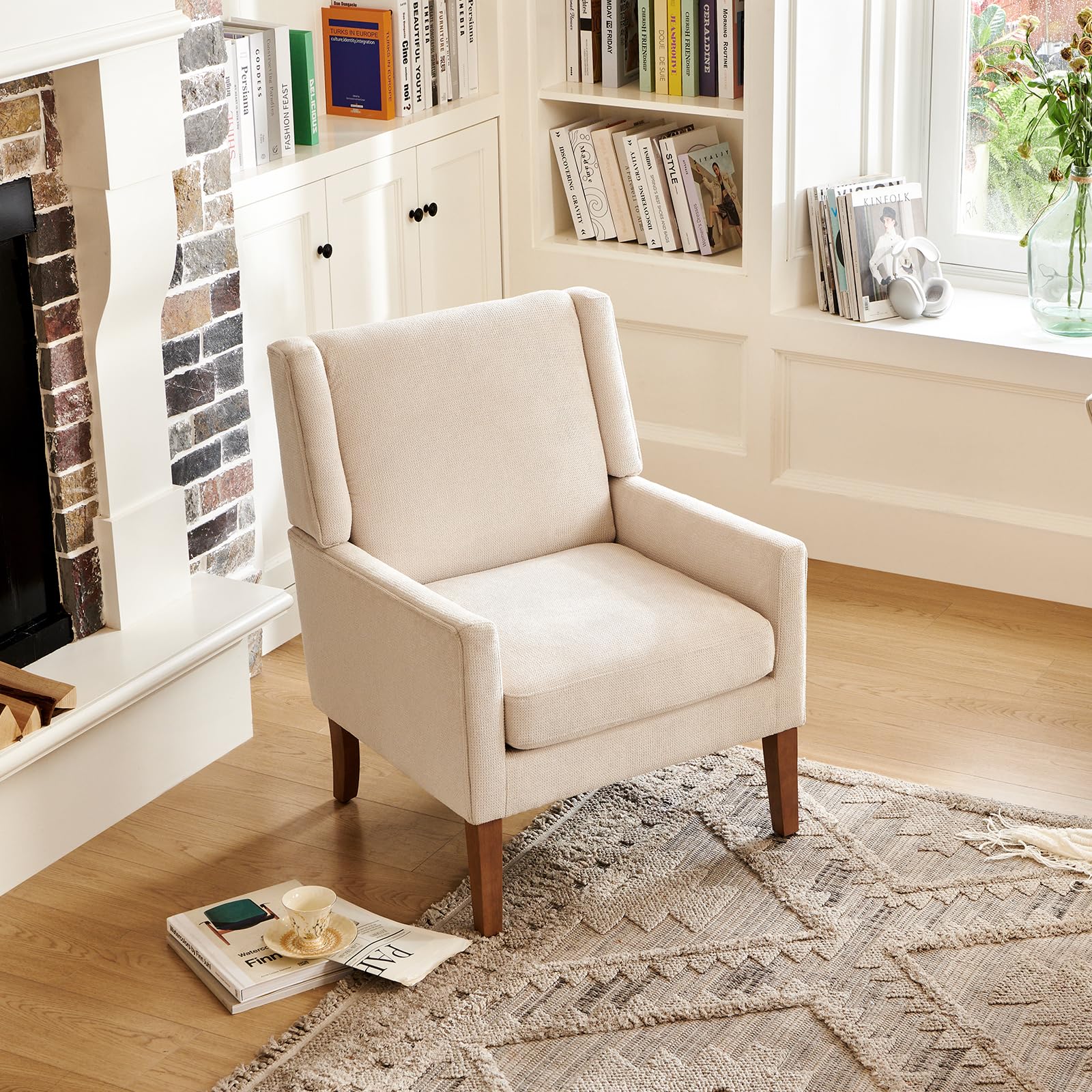 COLAMY Modern Wingback Upholstered Fabric Accent Armchair - Single Sofa Chair with Lounge Seat & Wood Legs for Living Room, Office, Bedroom - Beige - Perfect for Reading Nooks & Cozy Spaces